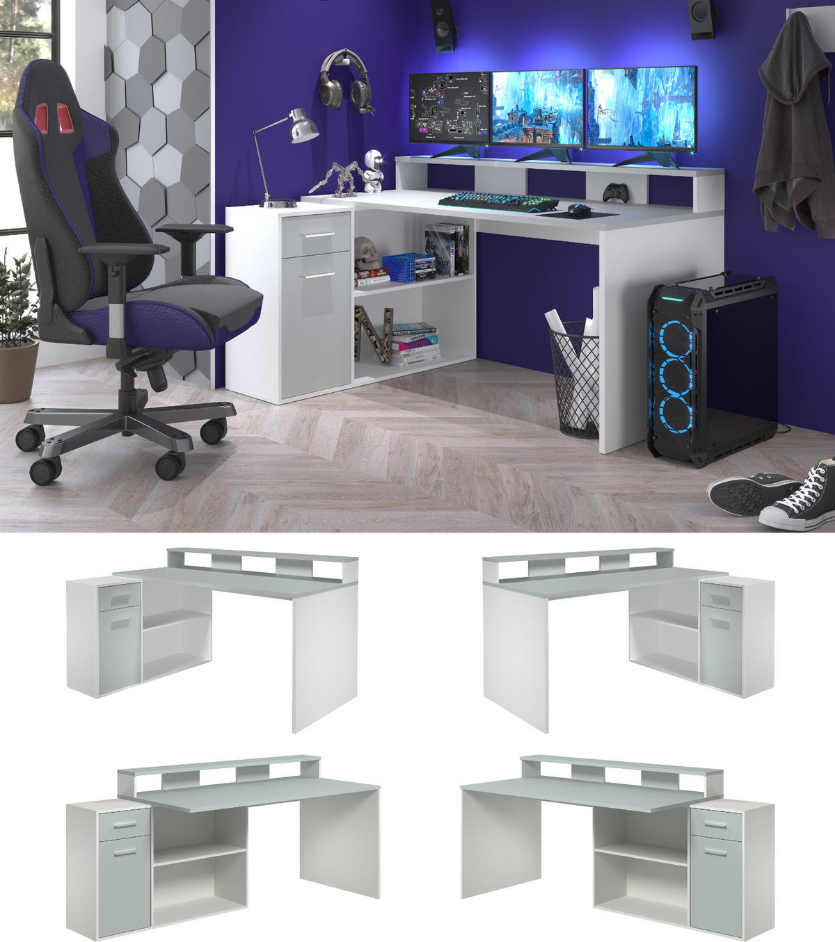 SCHREIBTISCH grau, weiß 160 - 200 x 92 cm, Eckschreibtisch mit Stauraum - Silberfarben/Weiß, Holzwerkstoff/Kunststoff (115/160/92cm) - Top.Furn