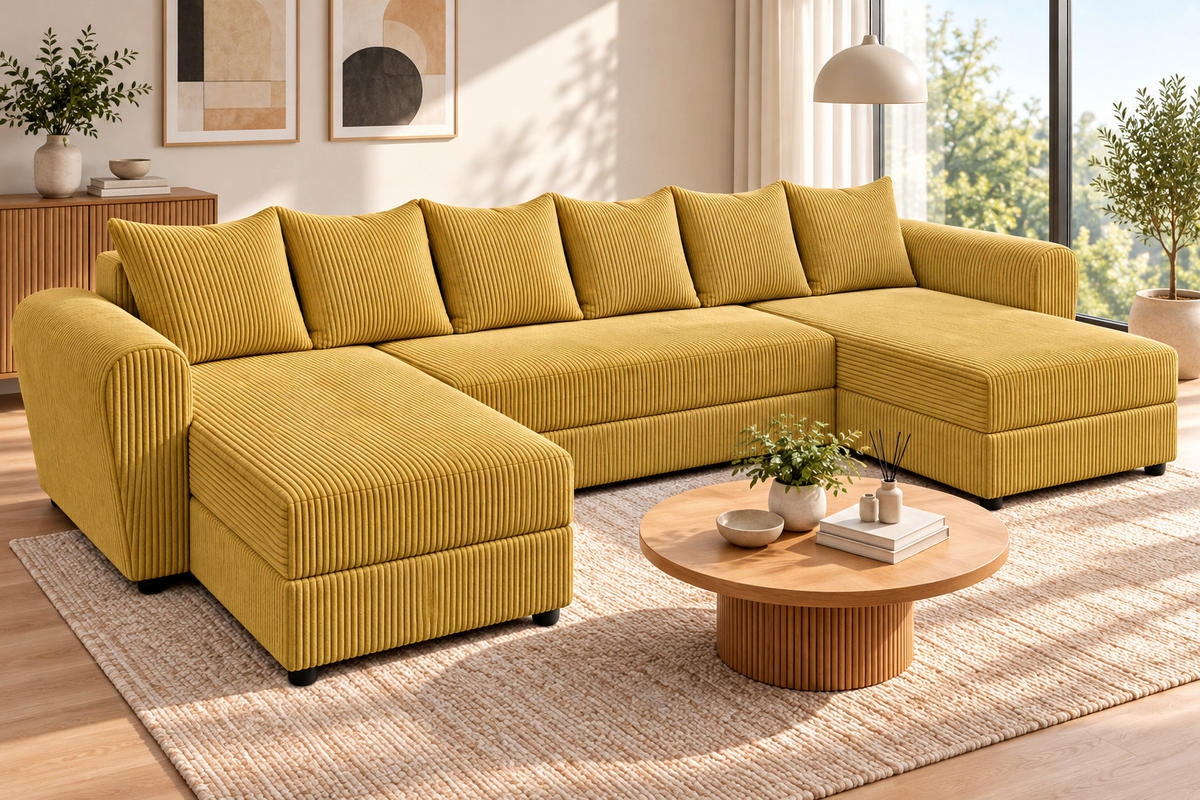WOHNLANDSCHAFT PUMA U 308 cm – Cord Sofa in U-Form mit Schlaffunktion, Bettkasten und weichem Cordbezug - Gelb/Schwarz, Kunststoff (308/85/140cm)