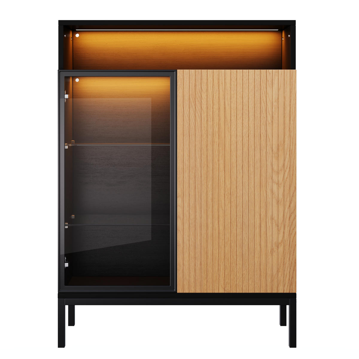 VITRINE 80x30x110 cm mit LED und Glastür - Schwarz/Braun, Holzwerkstoff (80/110/30cm) - FLIEKS