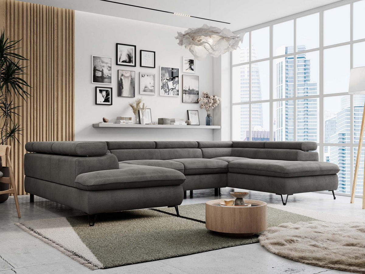 WOHNLANDSCHAFT PETER U Velvet Dunkelgrau - Dunkelgrau/Schwarz, Textil/Metall (346/76/208cm) - MKS