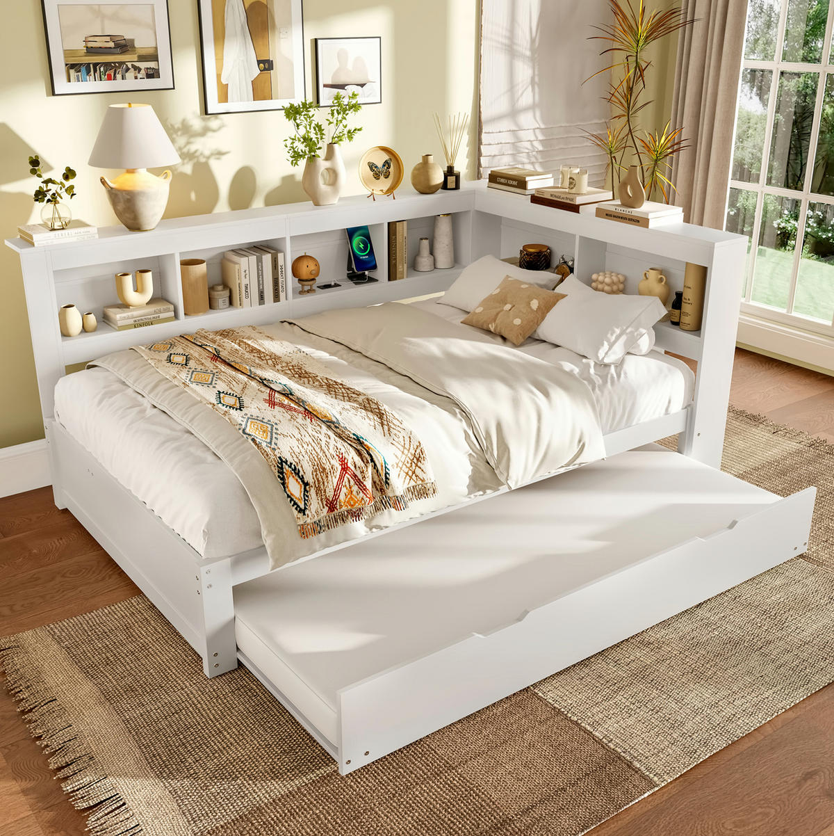 BETT 140/200 cm in Weiß – inkl. Lattenrost, ausziehbares Rollbett & 2 Schubladen - Weiß, Holz (140/200cm) - BEAOK