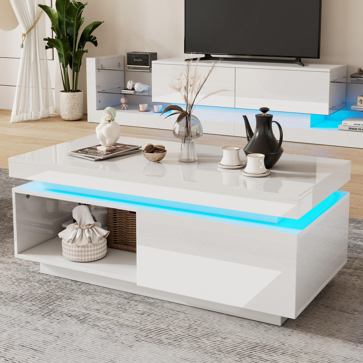 KONFERENČNÍ stolek z dřevotřísky 100x50x40,3 cm bílý s LED osvětlením, zásuvkou a vysokým leskem - bílá, kompozitní dřevo (100/50/40.3cm) - Modfu