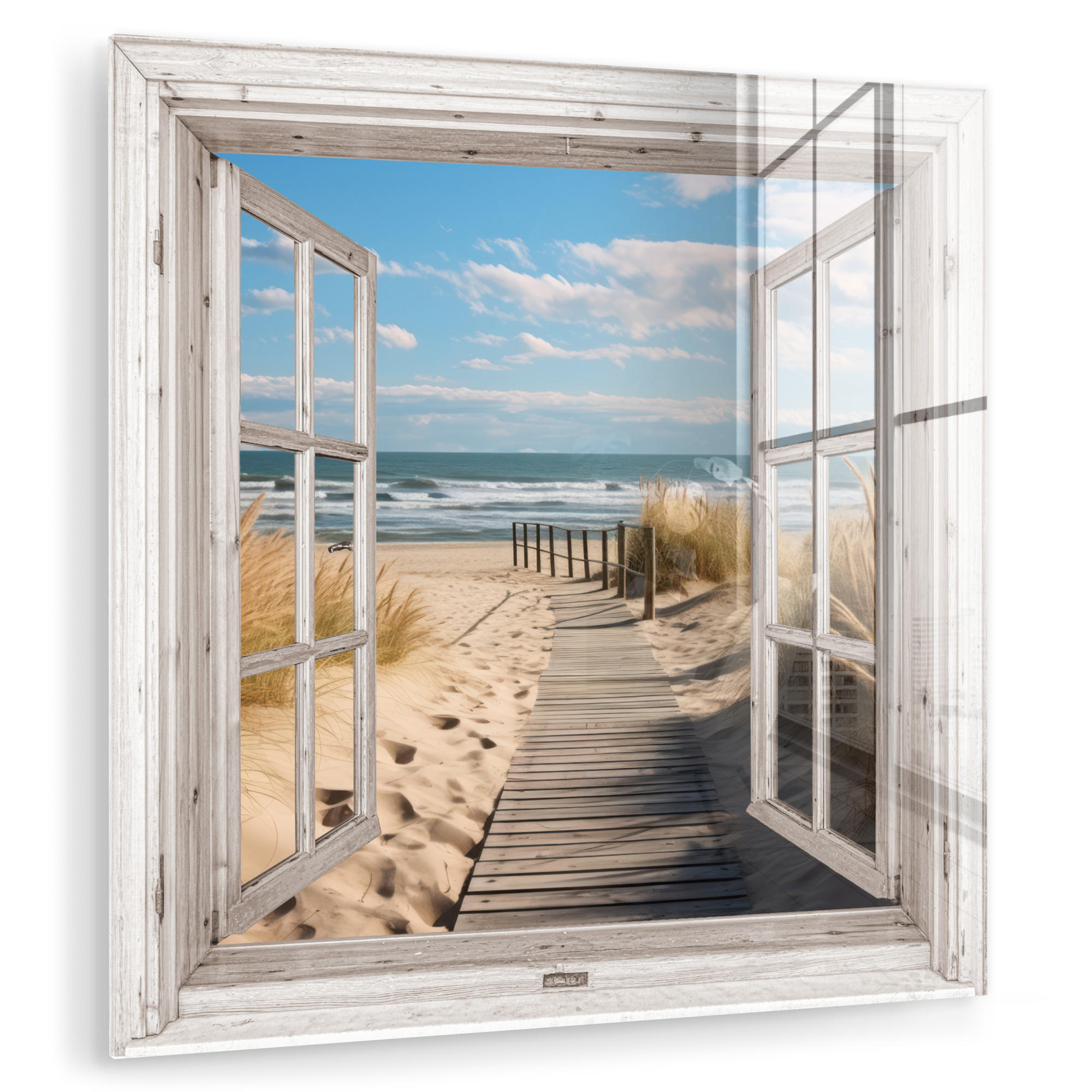 ACRYLGLASBILD Fenster - Meer - Küste - Natur - Ausblick - Strand - Wattenmeer 50x50 cm - Beige, Glas (50/50cm) - MuchoWow
