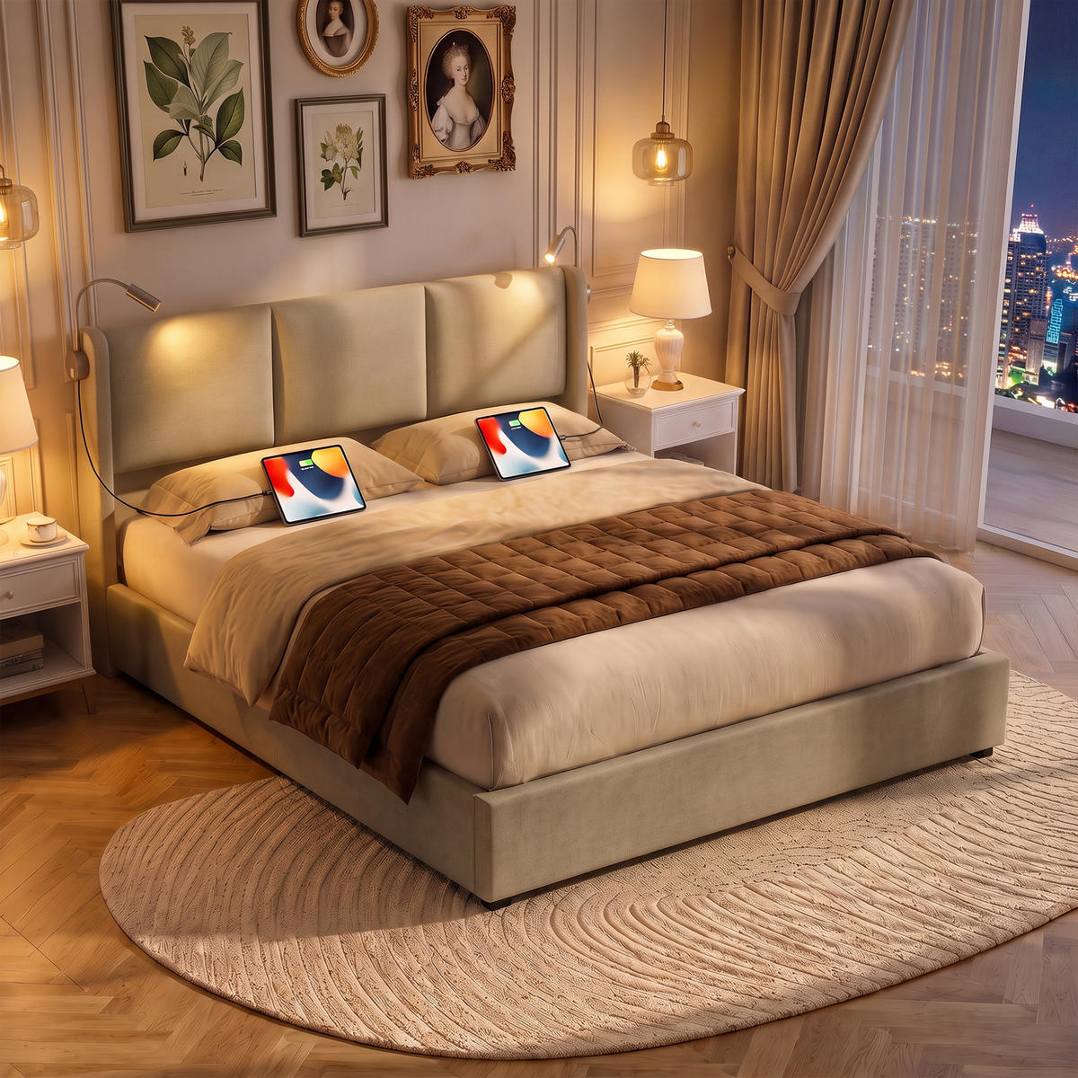 POLSTERBETT 160x200 cm mit Stauraum, Ladestation, Kopfteillampe - Beige, Holzwerkstoff/Textil (160/200cm) - WoodenAura
