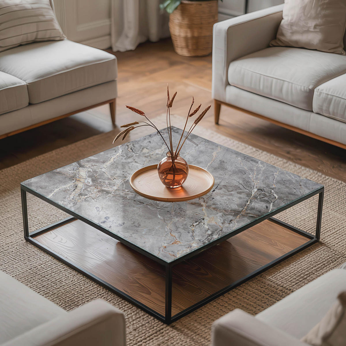 TISCHPLATTE 50x50 cm Naturmarmor Optik - Silberfarben/Grau, Glas (50/50/0.4cm) - TULUP