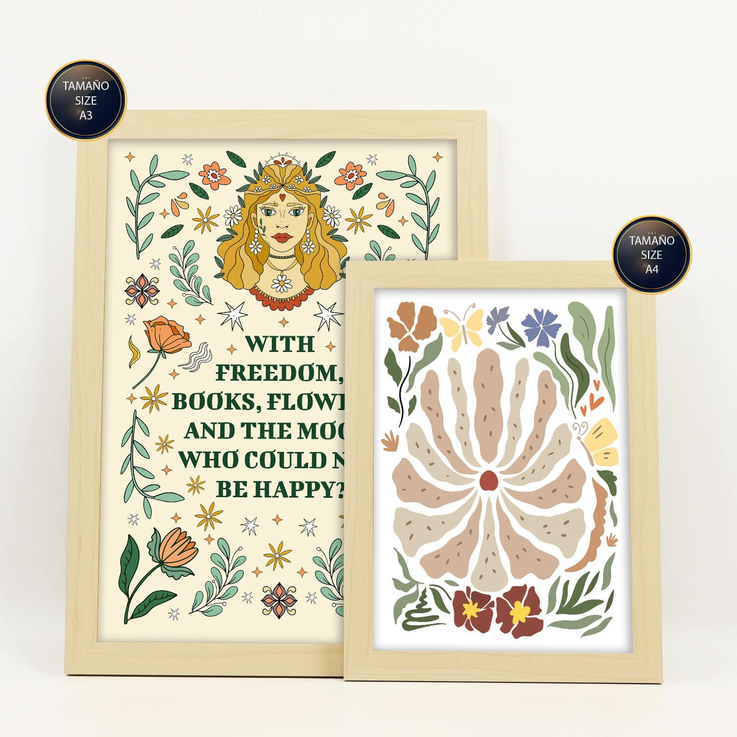 POSTER Set Mit 6 Drucken Mit Freundlichkeit In Der Brillanten Groovy Dekorative Rahmen Für Ihr Zuhause Wandkunstdruck A3 & A4 Rahmen Aus Hellem Holz - Beige, Papier (29/3cm) - Nacnic