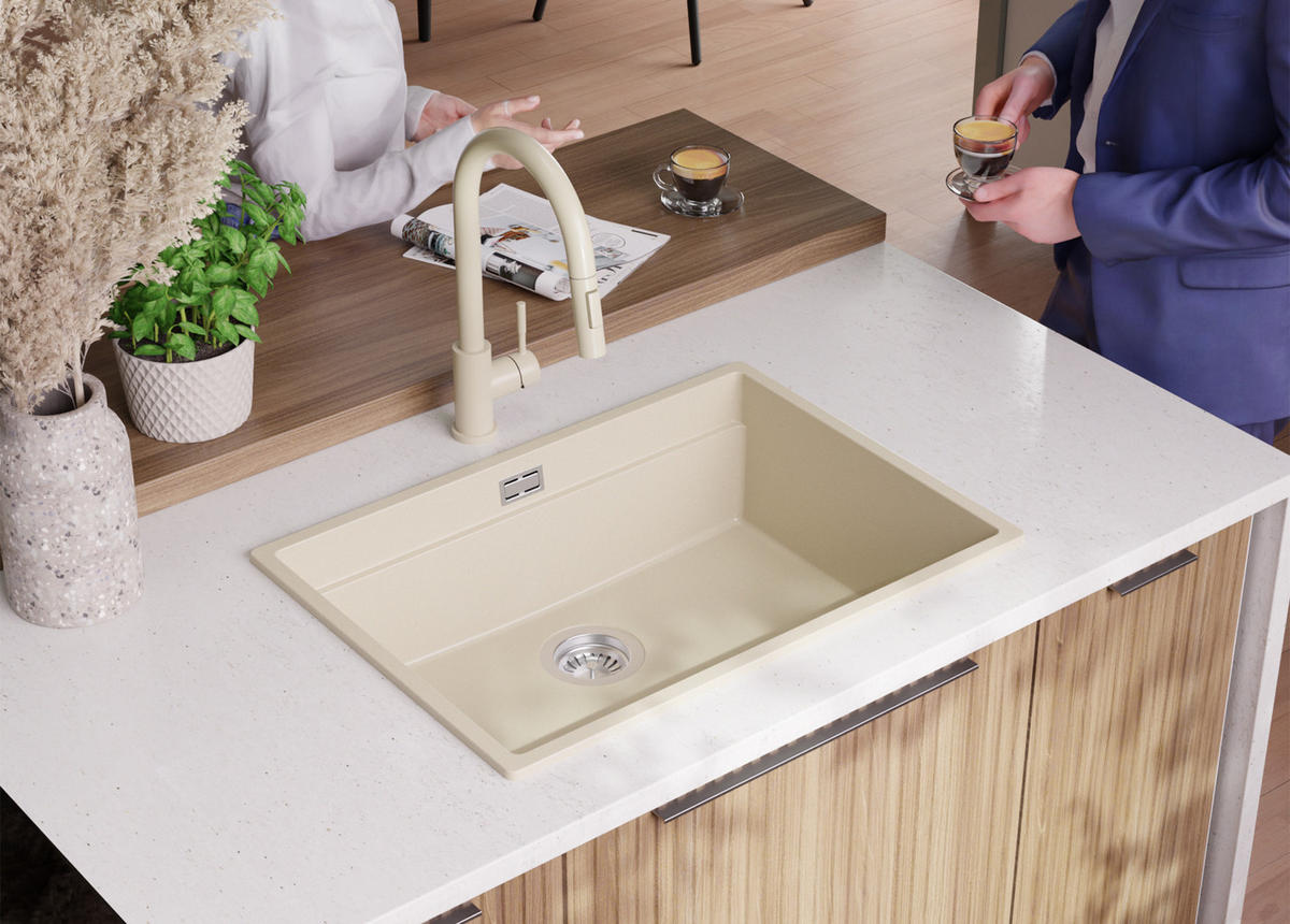 GRANITSPÜLE Praga Slim, 2-er set Beige 66/47 cm 1 Becken + Küchenarmatur 32/20 cm + Ablauf-Set + Aufrollbare Abtropffläche ab 70er Unterschrank - Chromfarben/Beige, Kunststoff (66/20/47cm) - Primagran