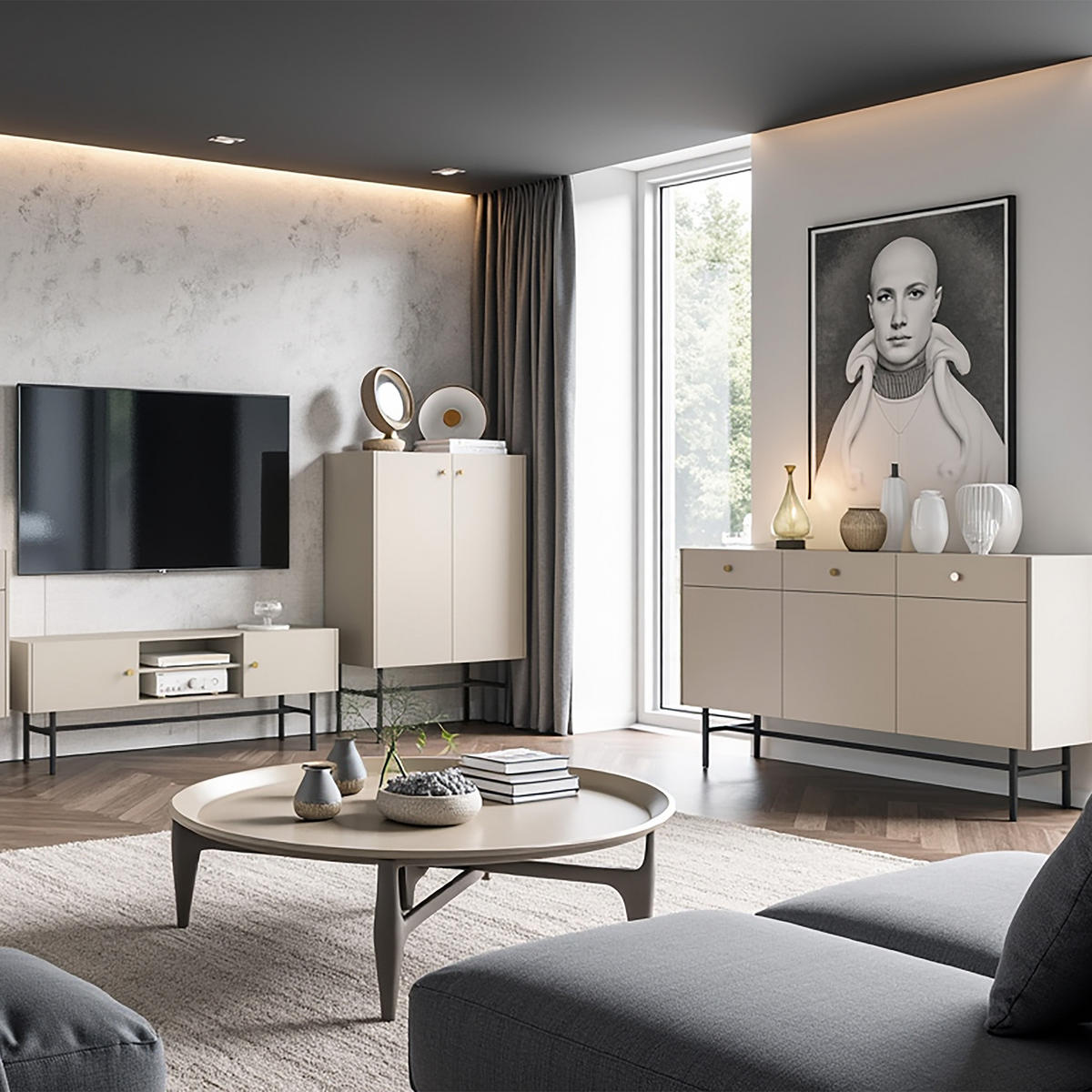 KOMMODE Dalia mit 3 Türen und 3 Schubladen, 104 cm, Kaschmir - Kaschmir/Schwarz, Holzwerkstoff/Metall (155/84/39cm) - Beautysofa