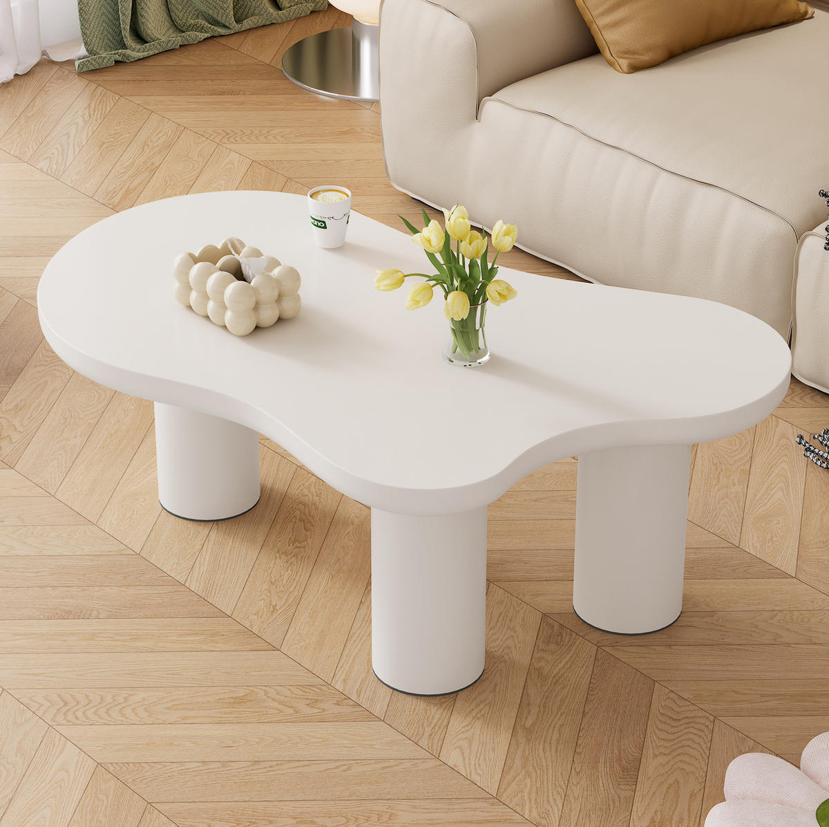 KONFERENČNÍ stolek 107/66/40,5 cm bílý z MDF a PVC v organickém tvaru s filcovými podložkami - bílá, kompozitní dřevo (107/66/40.5cm) - OKWISH