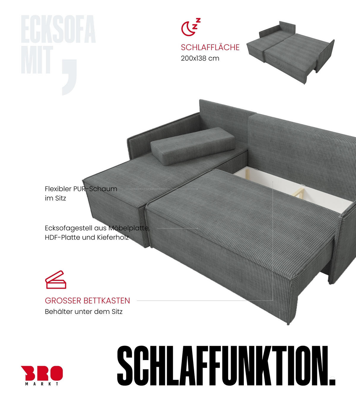 ECKSOFA Atlantic mit Schlaffunktion Braun Cord - Braun, Textil (238/141cm) - Bromarkt