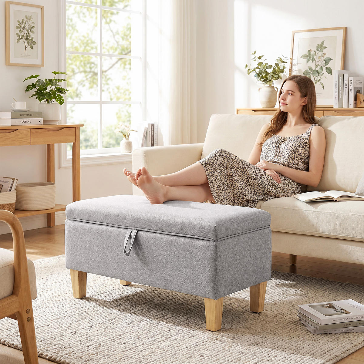 SITZBANK Polyester Schaumstoff Hellgrau - Hellgrau/Naturfarben, Holz/Textil (37/36/71cm) - HOMCOM