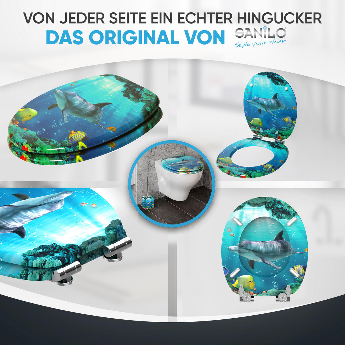 WC-SITZ Absenkautomatik Delphin Korallen - Blau, Holzwerkstoff (38/6/47cm) - Sanilo