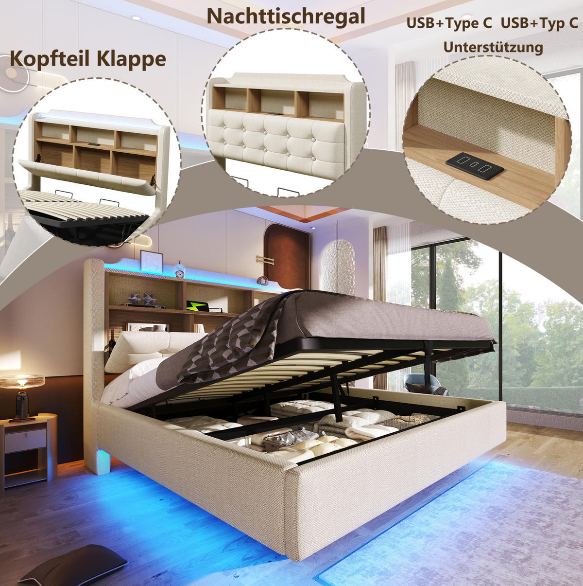 POLSTERBETT 140/200 cm Beige aus Leinen mit LED-Lichtleiste - Beige, Textil (140/200cm) - OKMYHOME