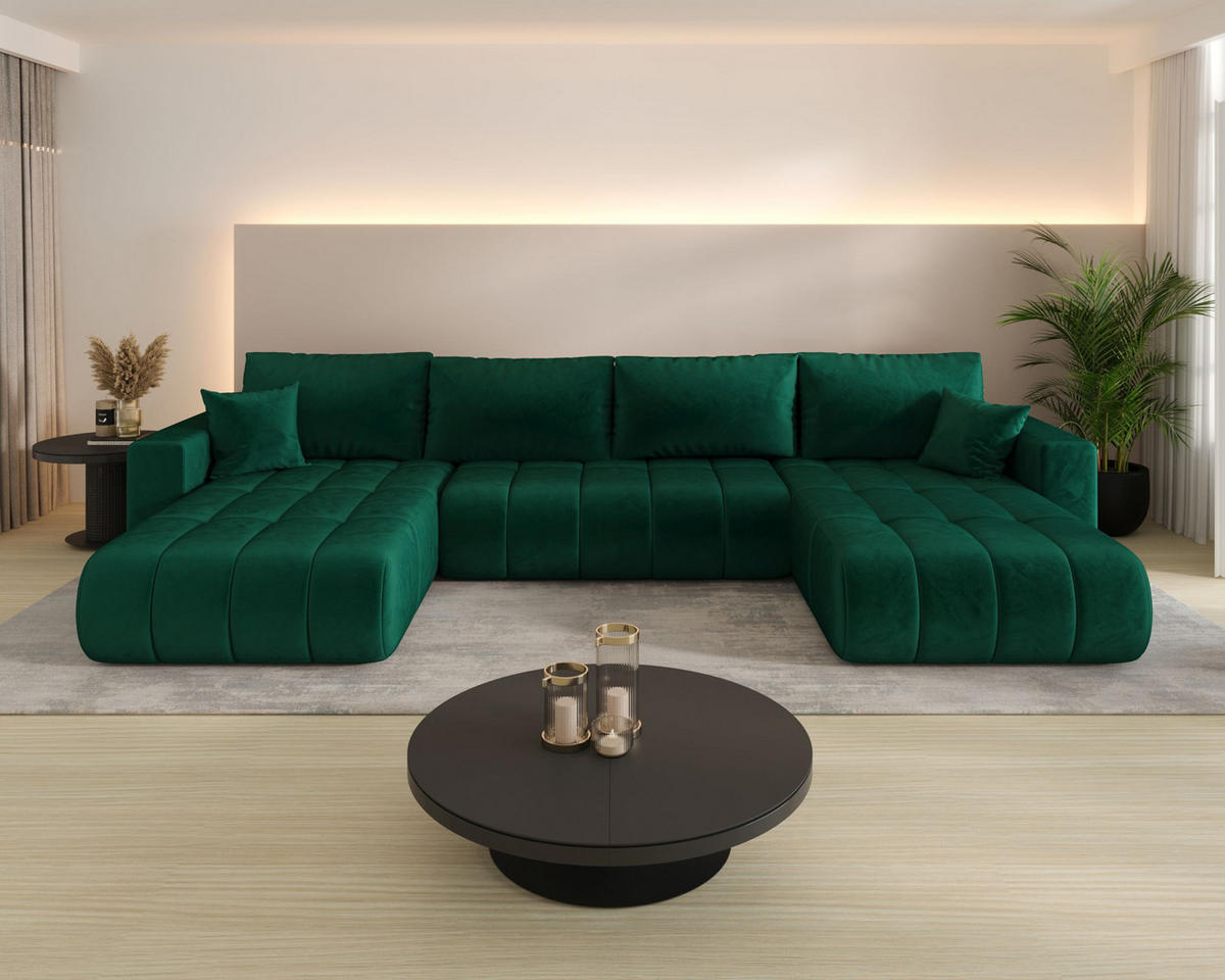 ROHOVÁ pohovka LARA PREMIUM tvar U zelená samet Monolith 37 - funkce spaní, úložný prostor - zelená barva, textil (385/175cm) - Cornero