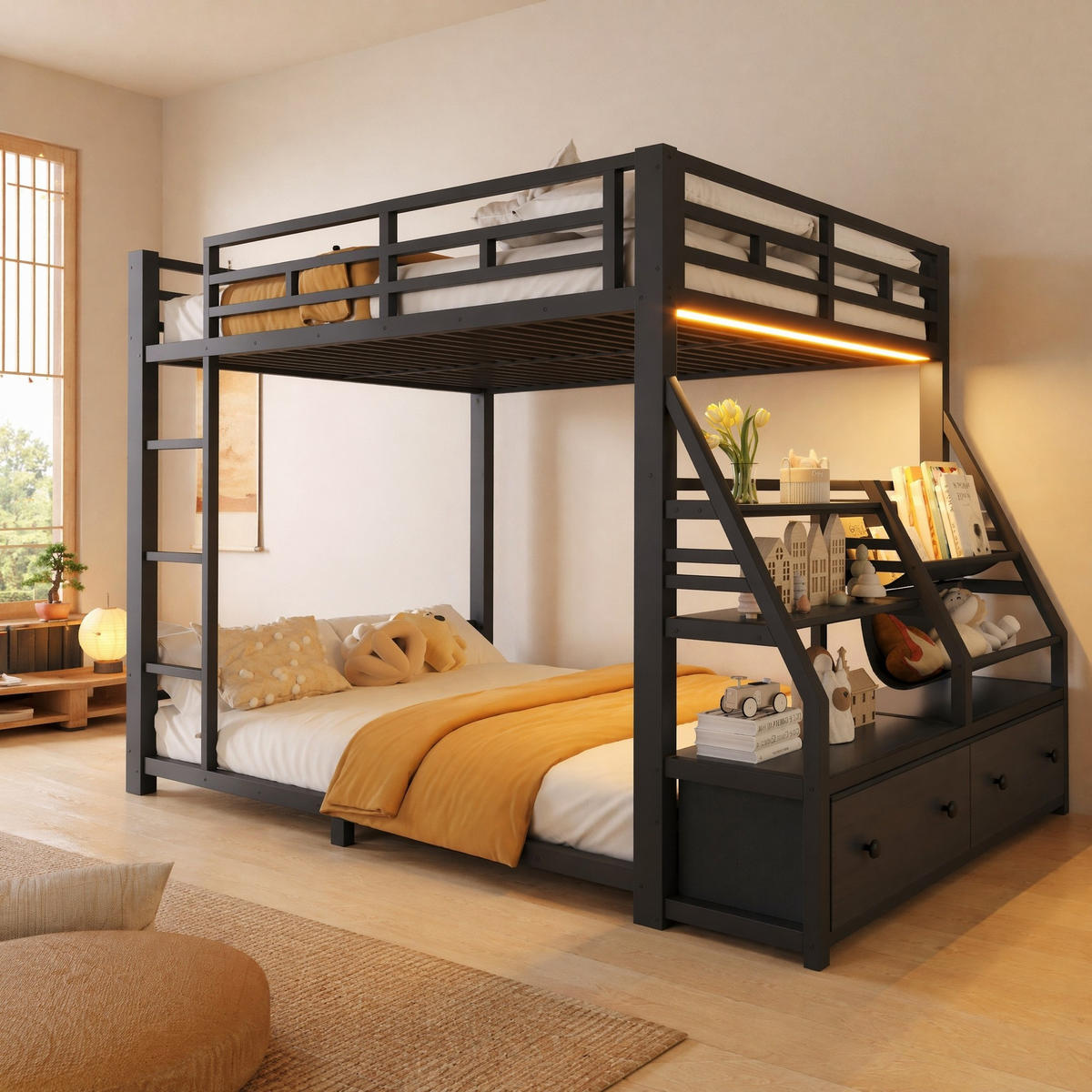 ETAGENBETT 140/200 mit Stoffschubladen und Ablagen in Schwarz - Schwarz, Holzwerkstoff/Metall (140/200cm) - EVRYAE