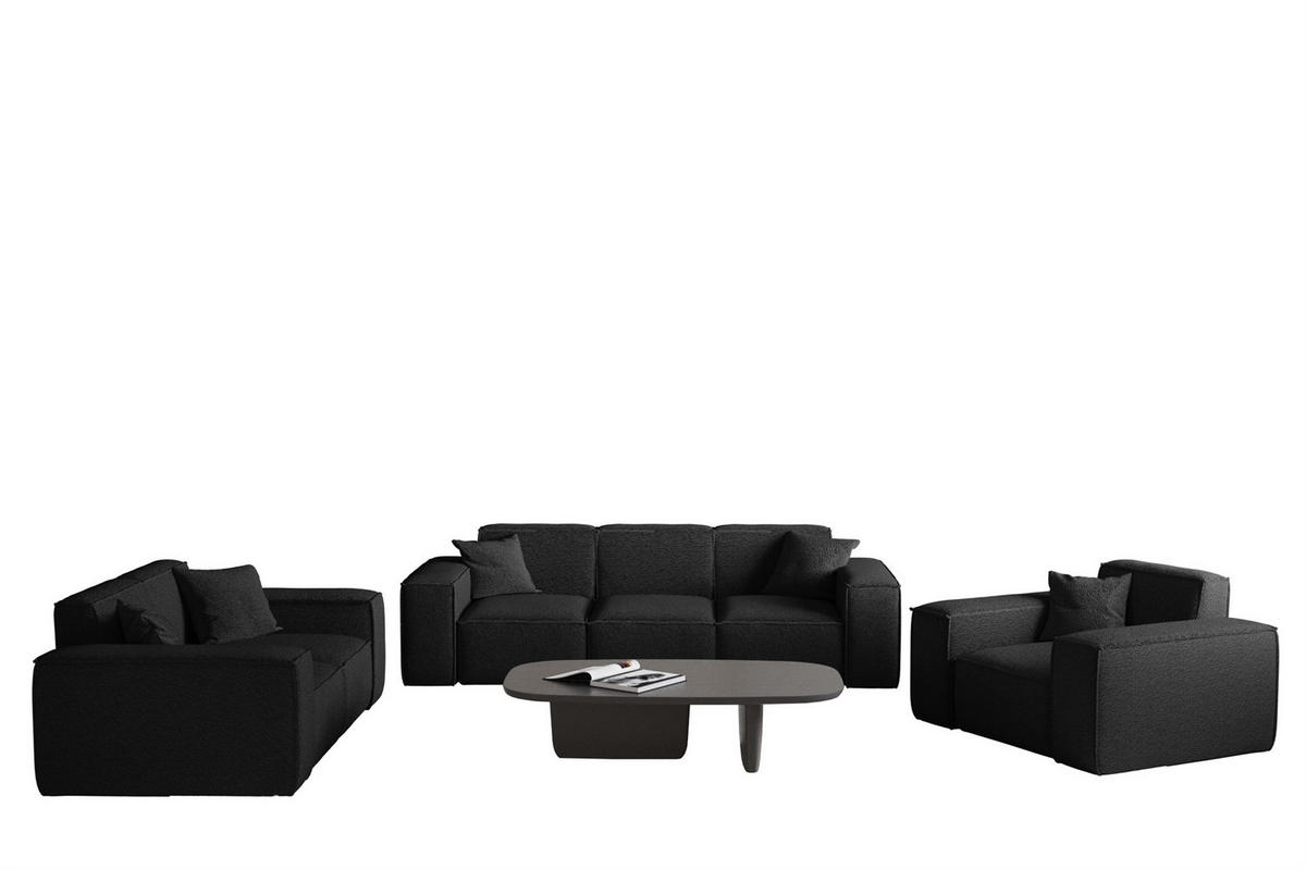 SOFASET Celes Premium 3-2-1 In Ascot - Schwarz, Holzwerkstoff/Textil (225/73/88cm) - Fun Möbel