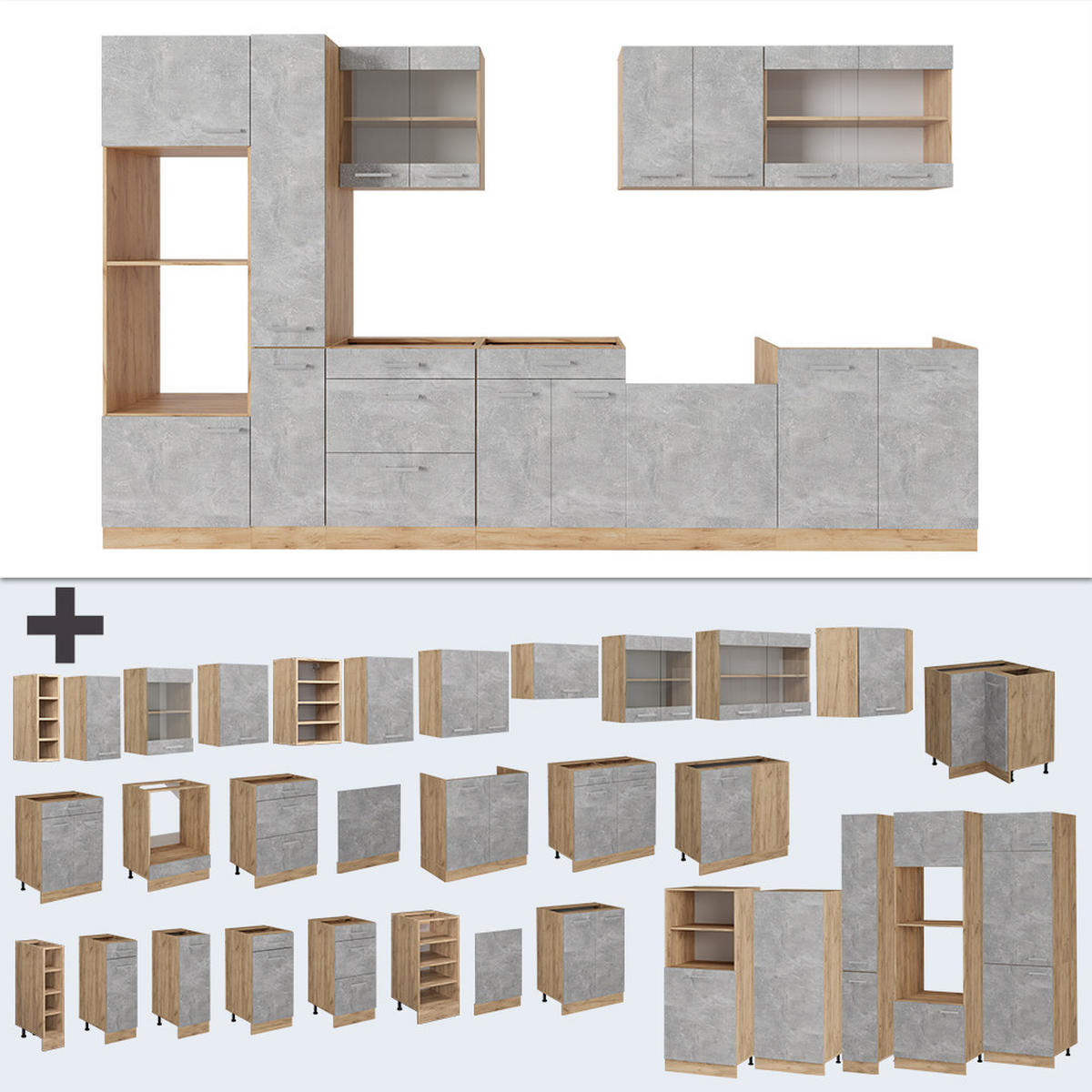 KOMPLETNÍ KUCHYNĚ R-Line Beton/zlatý dub - šedá/medově dubová, kompozitní dřevo (350/81.6/60cm) - Vicco