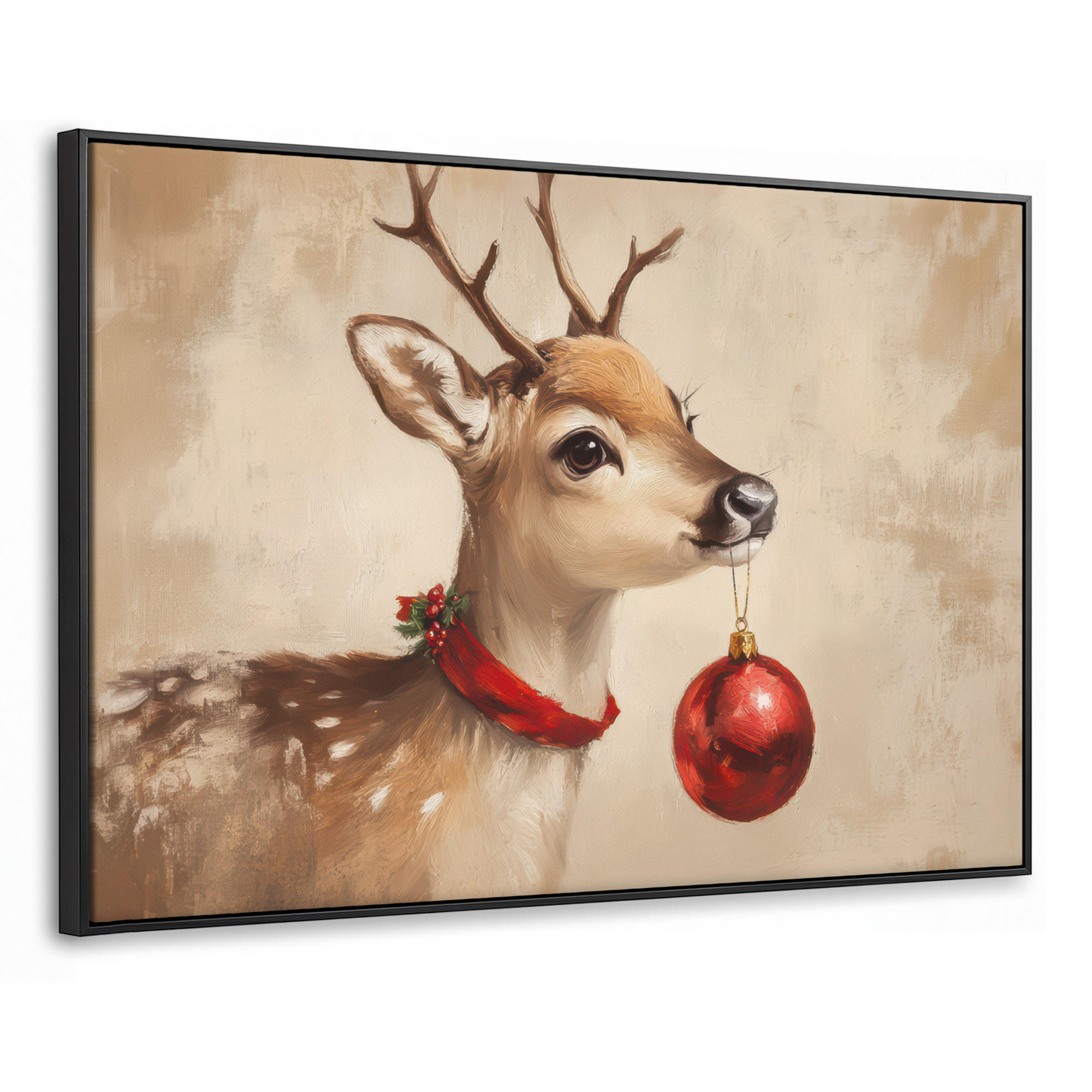 LEINWAND Bilder mit Rahmen - Weihnachten - Hirsch - Geweih - Weihnachtskugel - Rentier - 140x90 - Hellbraun, Textil (140/90cm) - MuchoWow
