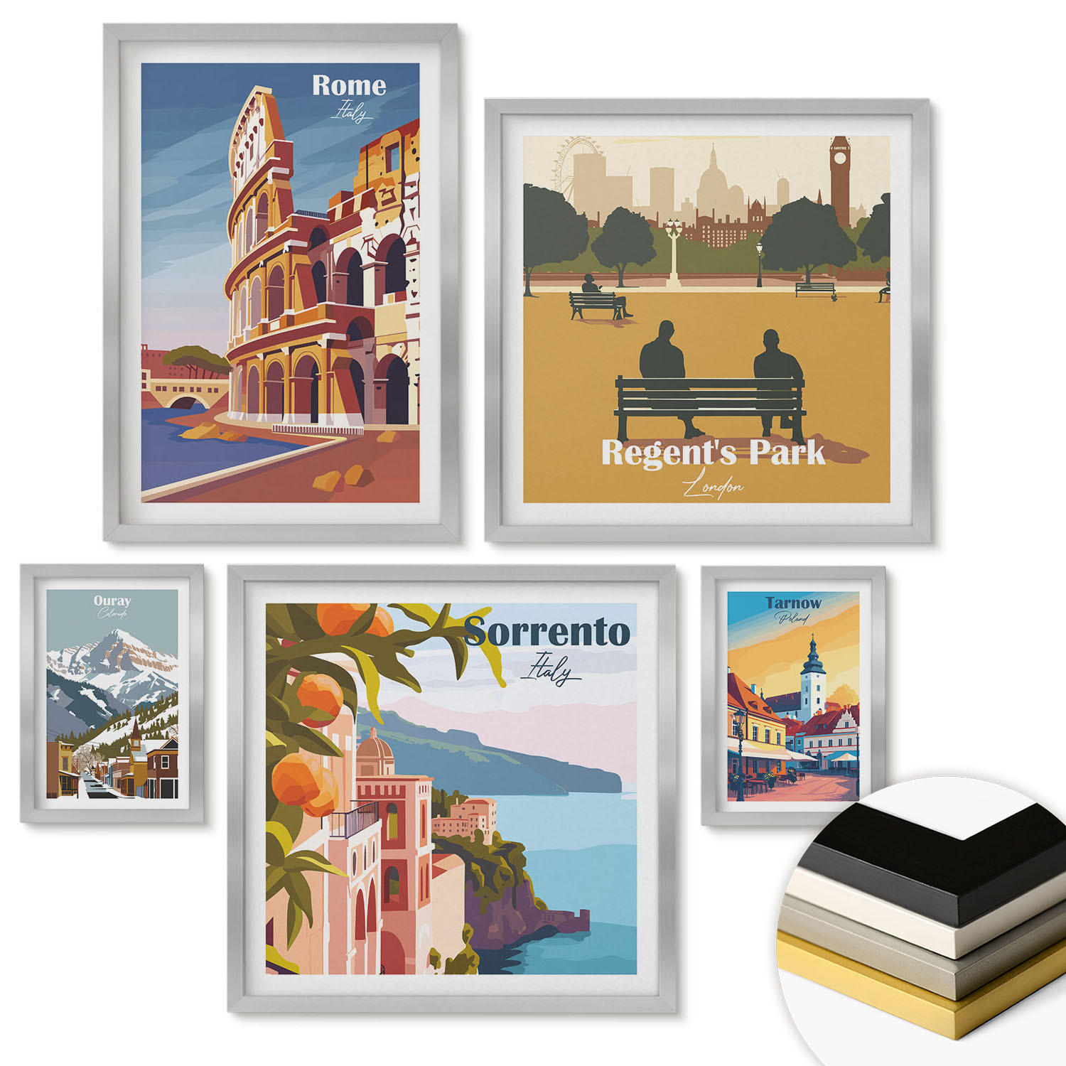 WANDBILDER 5er Set - 50x50 cm & 20x30 cm & 40x60 cm Silberner Rahmen - Boho-Papaya-Fruchtmuster - Silberfarben, Kunststoff (40/60cm) - ArtPrintCave