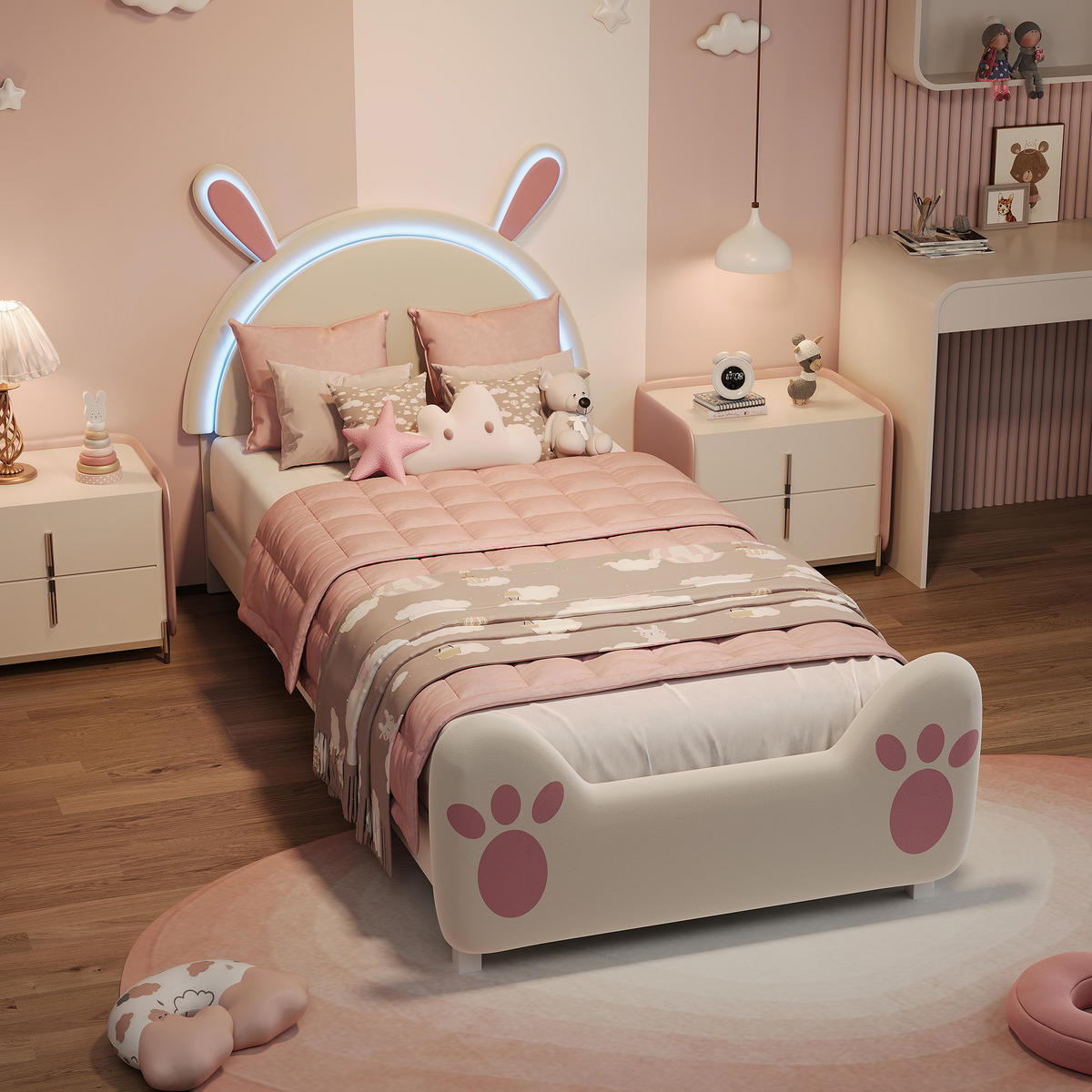 POLSTERBETT 90/200 cm mit LED-Leseleuchte im Cartoon Design - Rosa, Holz (90/200cm) - SHOPENTRA