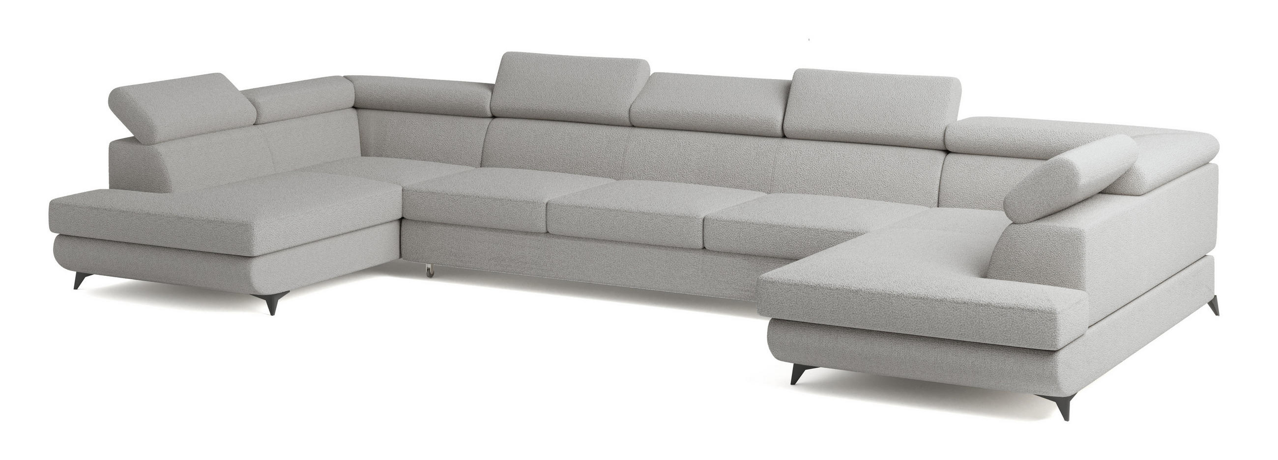 WOHNLANDSCHAFT URMANO Hellgrau Boucle-Stoff mit Schlaffunktion - Hellgrau, Holz (395/89/190cm) - MASSENO