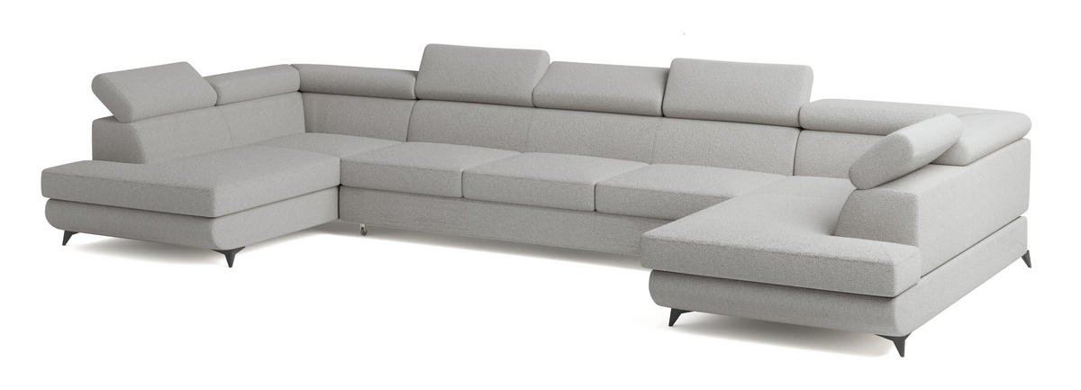 WOHNLANDSCHAFT URMANO Hellgrau Boucle-Stoff mit Schlaffunktion - Hellgrau, Holz (395/89/190cm) - MASSENO