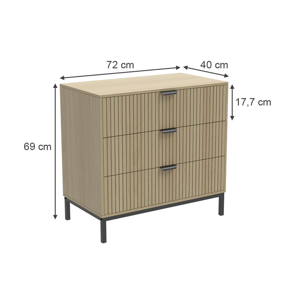 KOMMODE Lennox Eiche 72 x 69 cm mit 3 Schubladen - Eichefarben/Schwarz, Holzwerkstoff (72/69/40cm) - Vicco