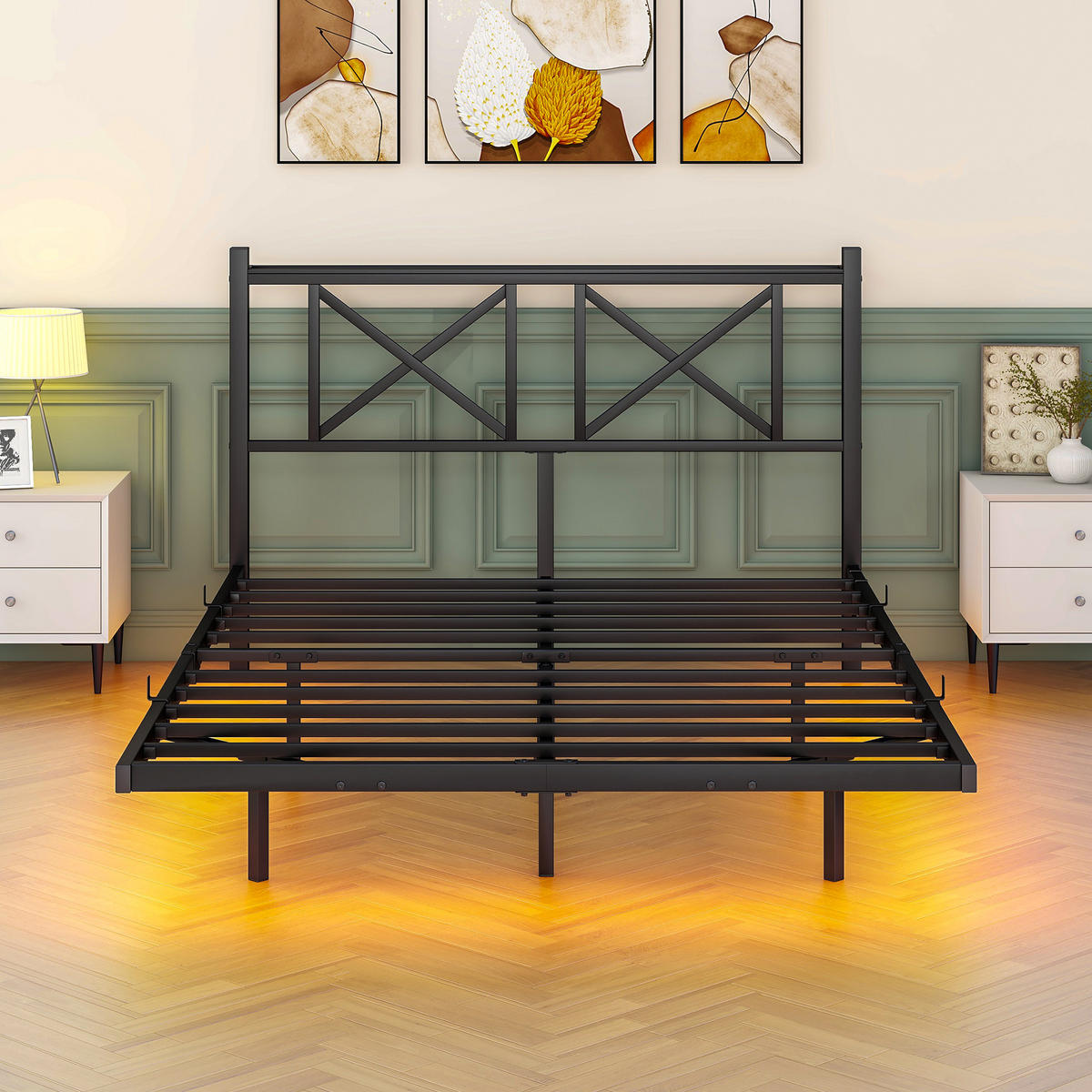 METALLBETT 140x200 cm LED USB Kopfteil - Schwarz, Metall (140/200cm) - LEBENLANG