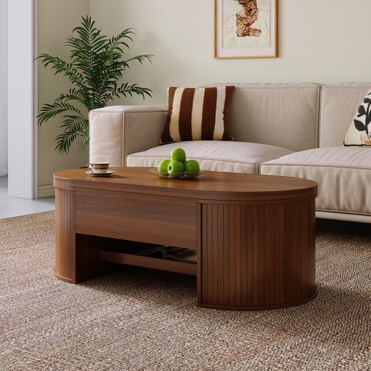 COUCHTISCH Anhebbar Walnussoptik Gebogene Holzseiten Ausziehbares Regal - Braun, Holz (125.1/60.96/14.61cm) - FLIEKS