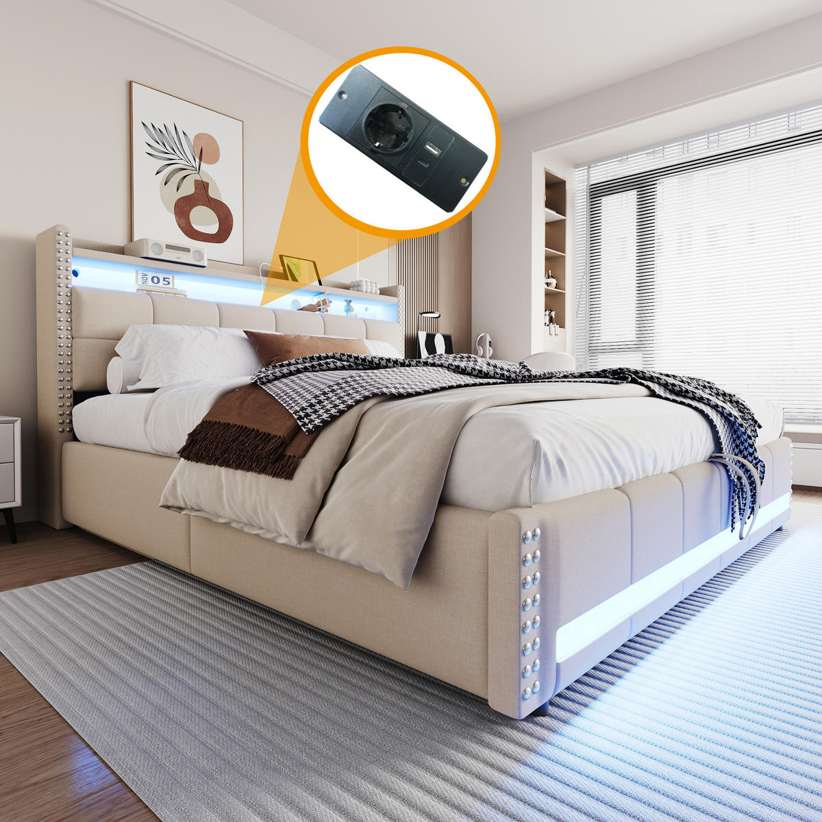 POLSTERBETT 180/200 cm Beige mit LED-Beleuchtung und USB- und Type-C-Anschlüssen - Beige, Textil (180/200cm) - OKWISH