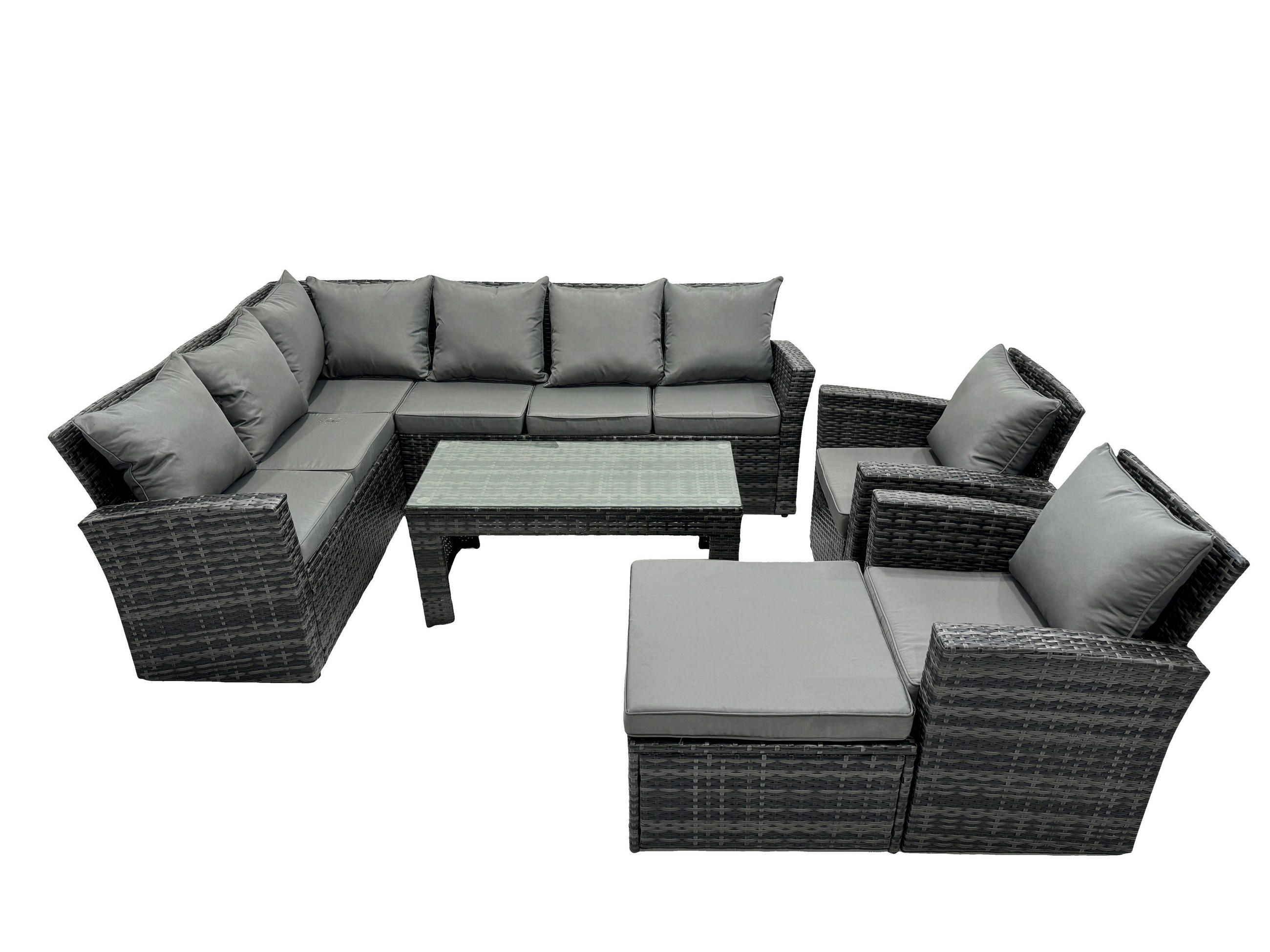 GARTENLOUNGE mit Ecksofa Polyrattan Dunkelgrau 9-Sitzer - Dunkelgrau/Grau, Glas/Kunststoff - Fimous