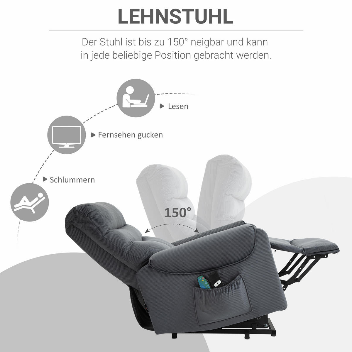 FERNSEHSESSEL Sessel mit Aufstehhilfe mit Massagefunktion Heizung Dunkelgrau - Dunkelgrau/Schwarz, Textil/Metall (97/103/79cm) - HOMCOM