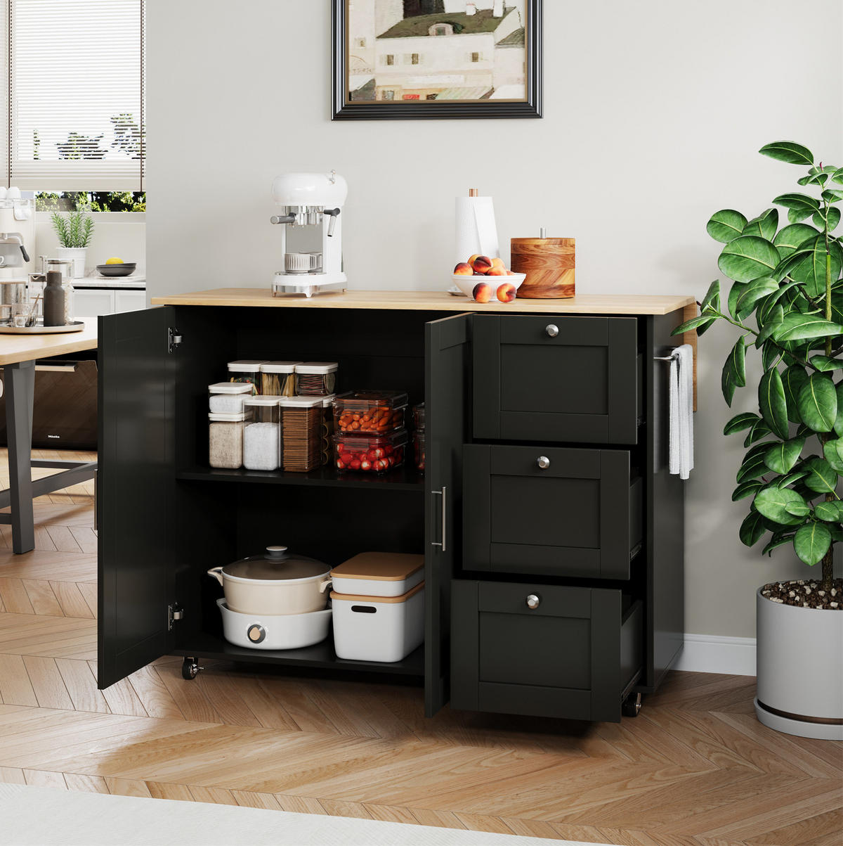 KÜCHENINSEL klappbar 135x70 cm MDF Black/Natural - Schwarz, Holz (44/90/135cm) - Beauniv
