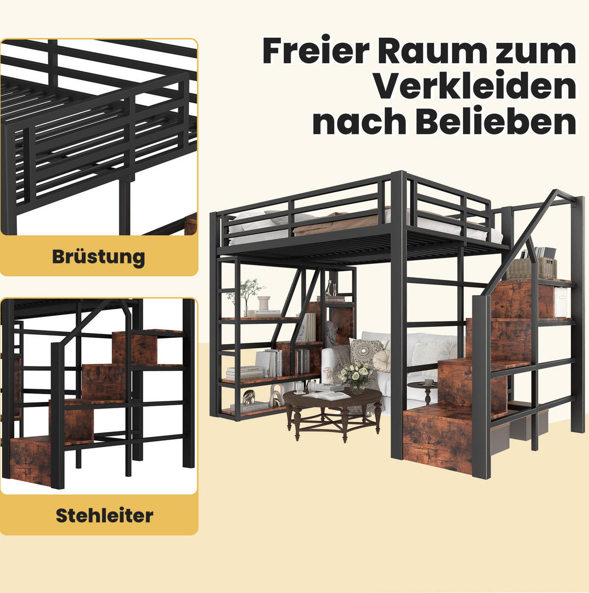 HOCHBETT 140/200 cm Schwarz aus Metall und MDF mit LED-Lichtleiste - Schwarz, Holzwerkstoff (140/200cm) - OKMYHOME