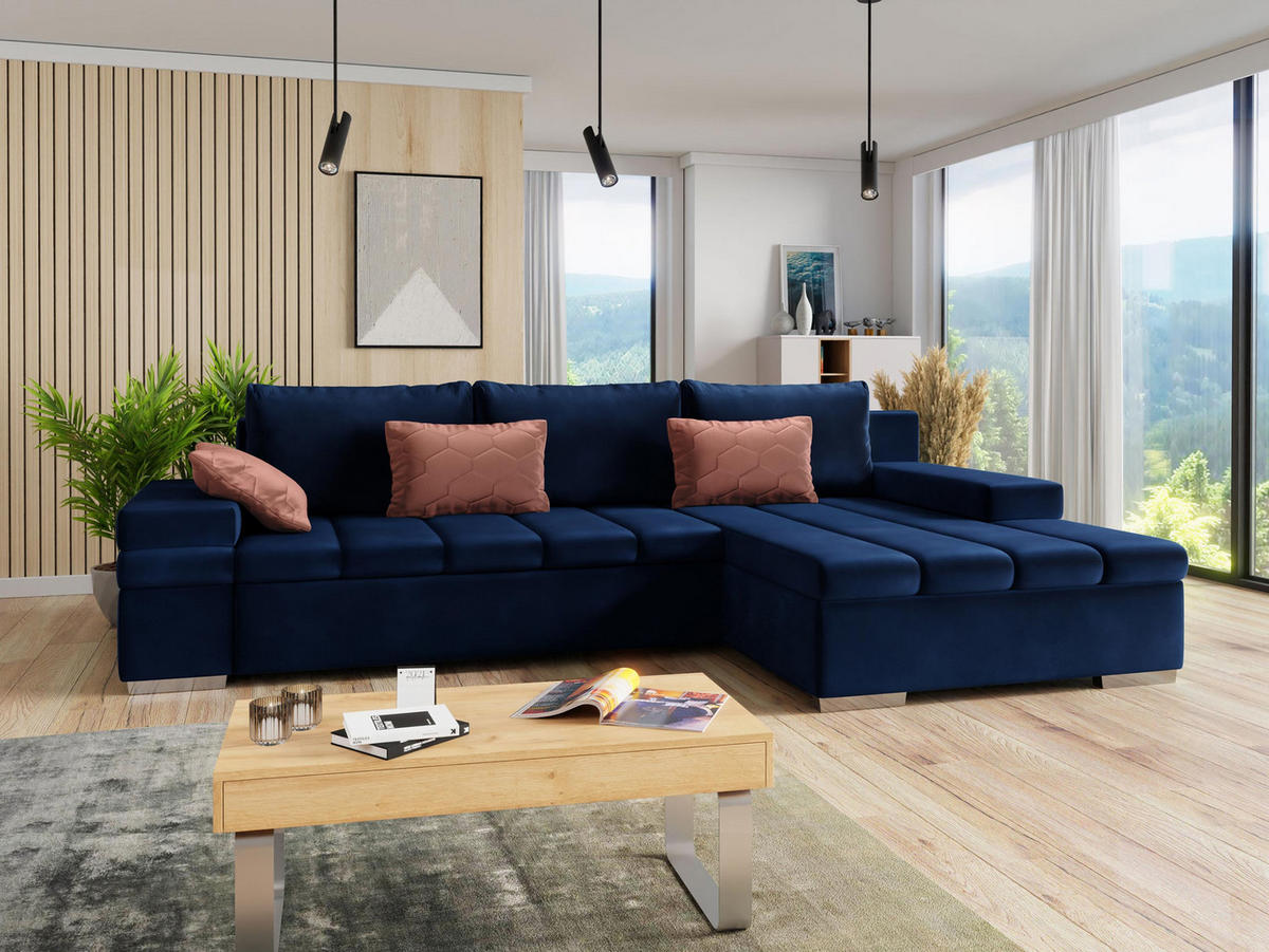 ECKSOFA Bangkok, Seite: Rechts - Silberfarben/Dunkelblau, Holz/Textil (310/175cm) - MIRJAN24