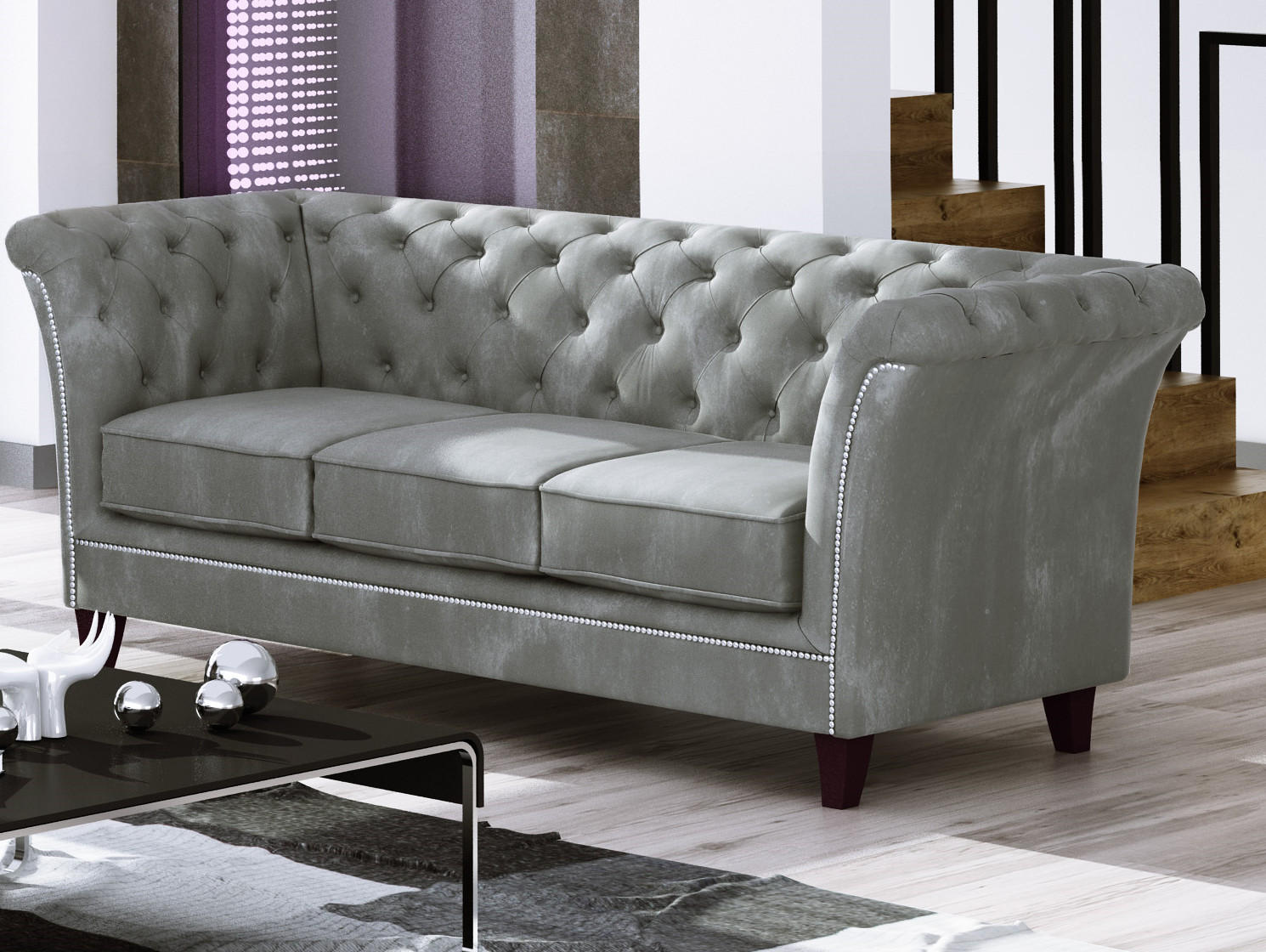 CHESTERFIELD-SOFA 3-Sitzer Fusion Grau Samt - Braun/Grau, Holz/Textil (237/75/82cm) - S-Style Möbel