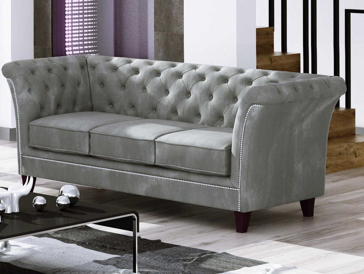 CHESTERFIELD-SOFA 3-Sitzer Fusion Grau Samt - Braun/Grau, Holz/Textil (237/75/82cm) - S-Style Möbel