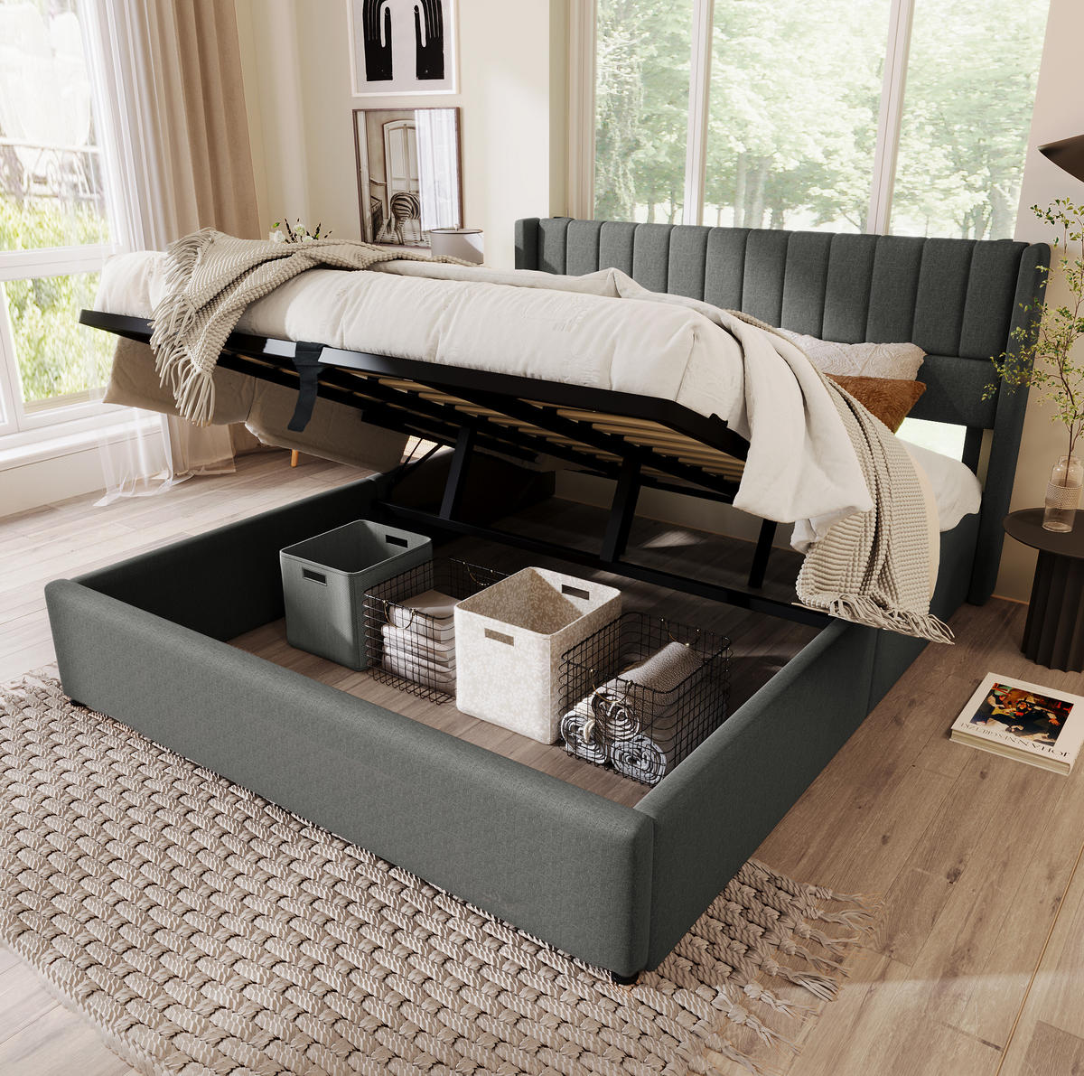 POLSTERBETT Stauraumbett 160/200 cm grau mit hydraulischem Bettkasten - Grau, Textil (160/200cm) - OKWISH