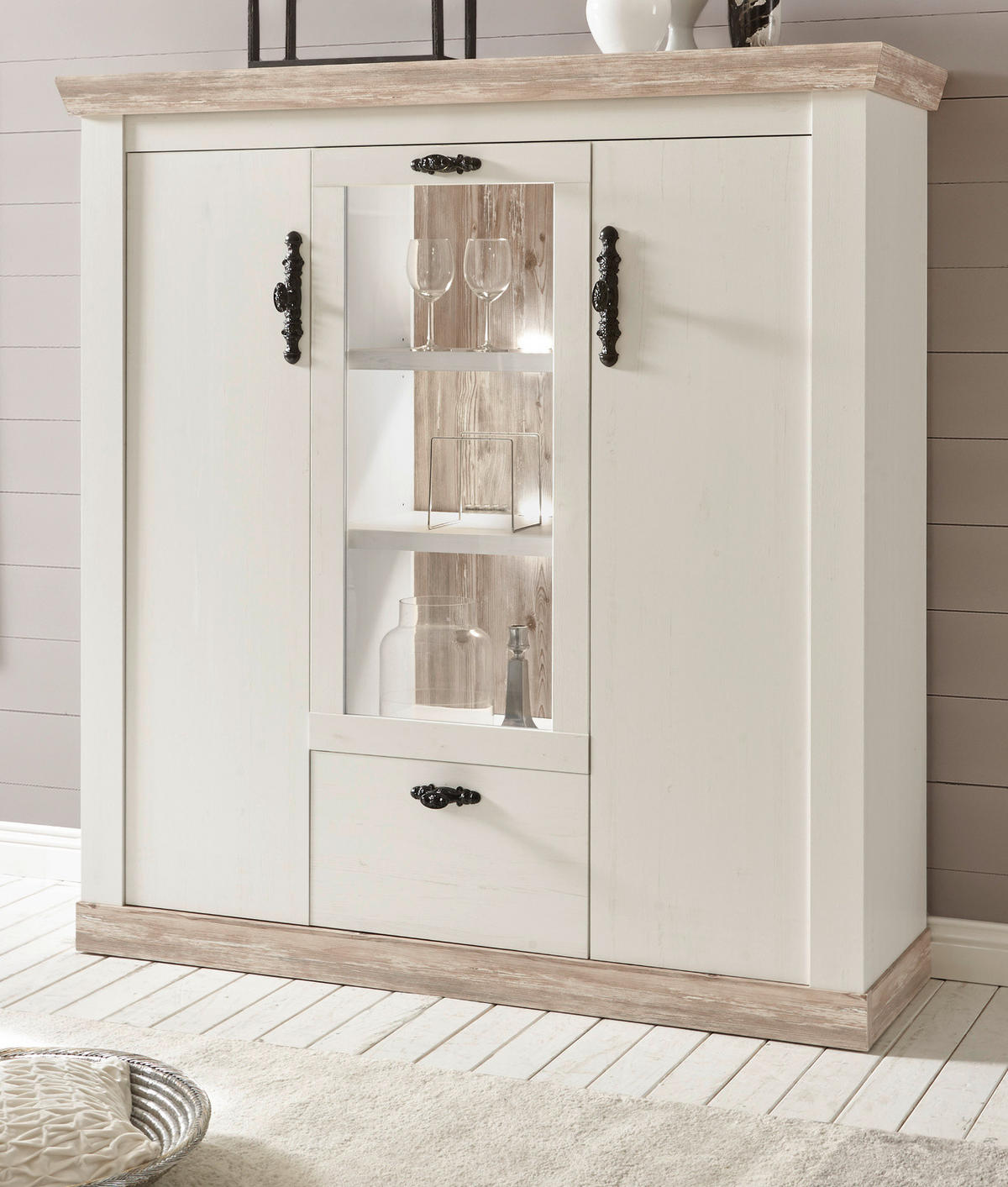 HIGHBOARD Pinie weiß, Oslo Pinie Landhaus, Kommode, 140 x 146 cm - Anthrazit/Weiß, Holzwerkstoff/Metall (140/146/44cm) - Furn.Design