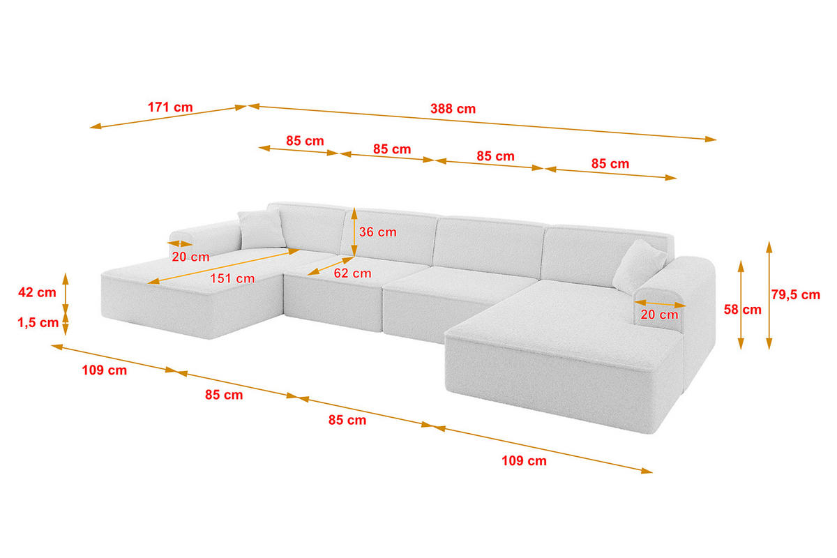 WOHNLANDSCHAFT IREA-U2-v3 - 388x171x79 cm Weiß - Weiß, Holzwerkstoff/Textil (388/79/171cm) - ALTDECOR