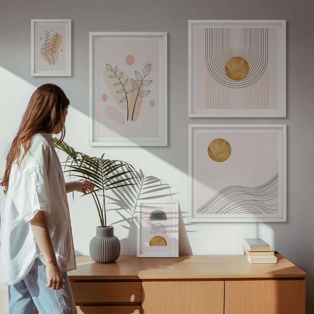 WANDBILDER 5er-Set - 50x50 cm & 20x30 cm & 40x60 cm Weißer Rahmen - Berge, Wasserfälle, Vögel, Blumen - Weiß, Kunststoff (40/60cm) - ArtPrintCave