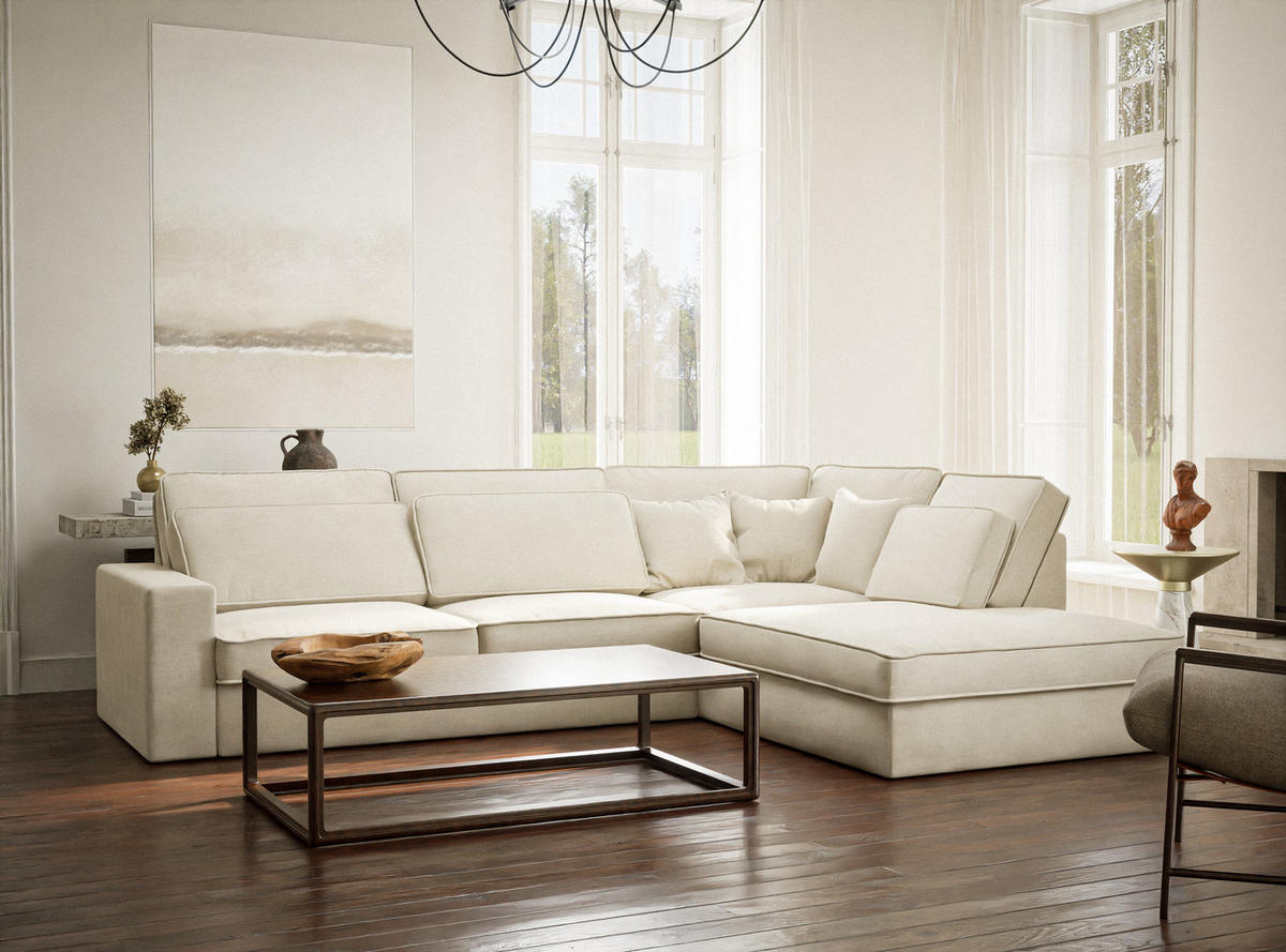 ECKSOFA Kirou Creme Chenille-Stoff - Rechts Seite - Creme/Schwarz, Holz/Holzwerkstoff (311/225cm) - Maison de Reve