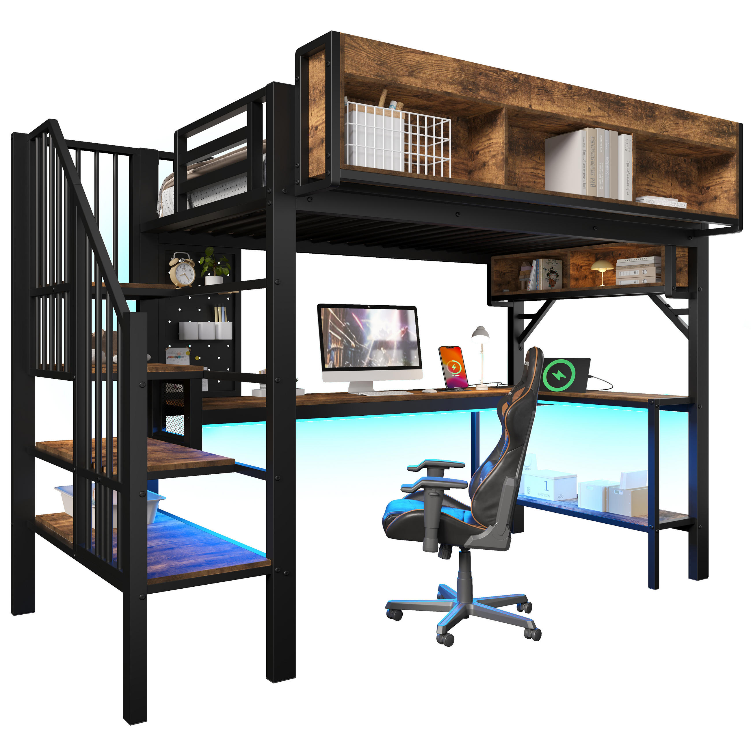 HOCHBETT 90/200 cm in Schwarz & Vintagebraun mit Eckschreibtisch, Regal, LED und USB/Type-C - Schwarz, Holzwerkstoff/Metall (140/200cm) - STILVORA