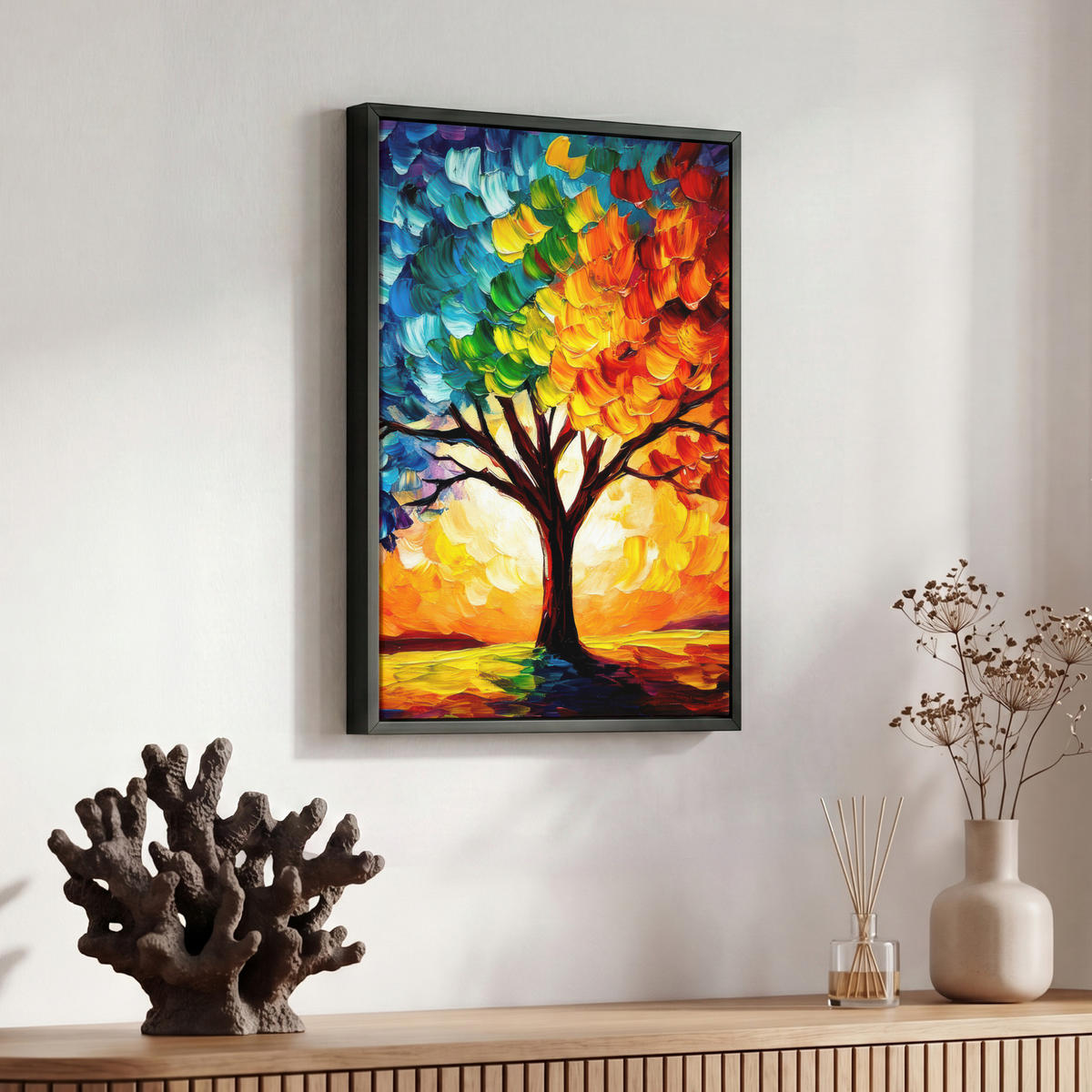 LEINWAND Bilder mit Rahmen - Baum - Kunst - Natur - Sonnenuntergang - 30x40 - Multicolor, Textil (30/40cm) - MuchoWow