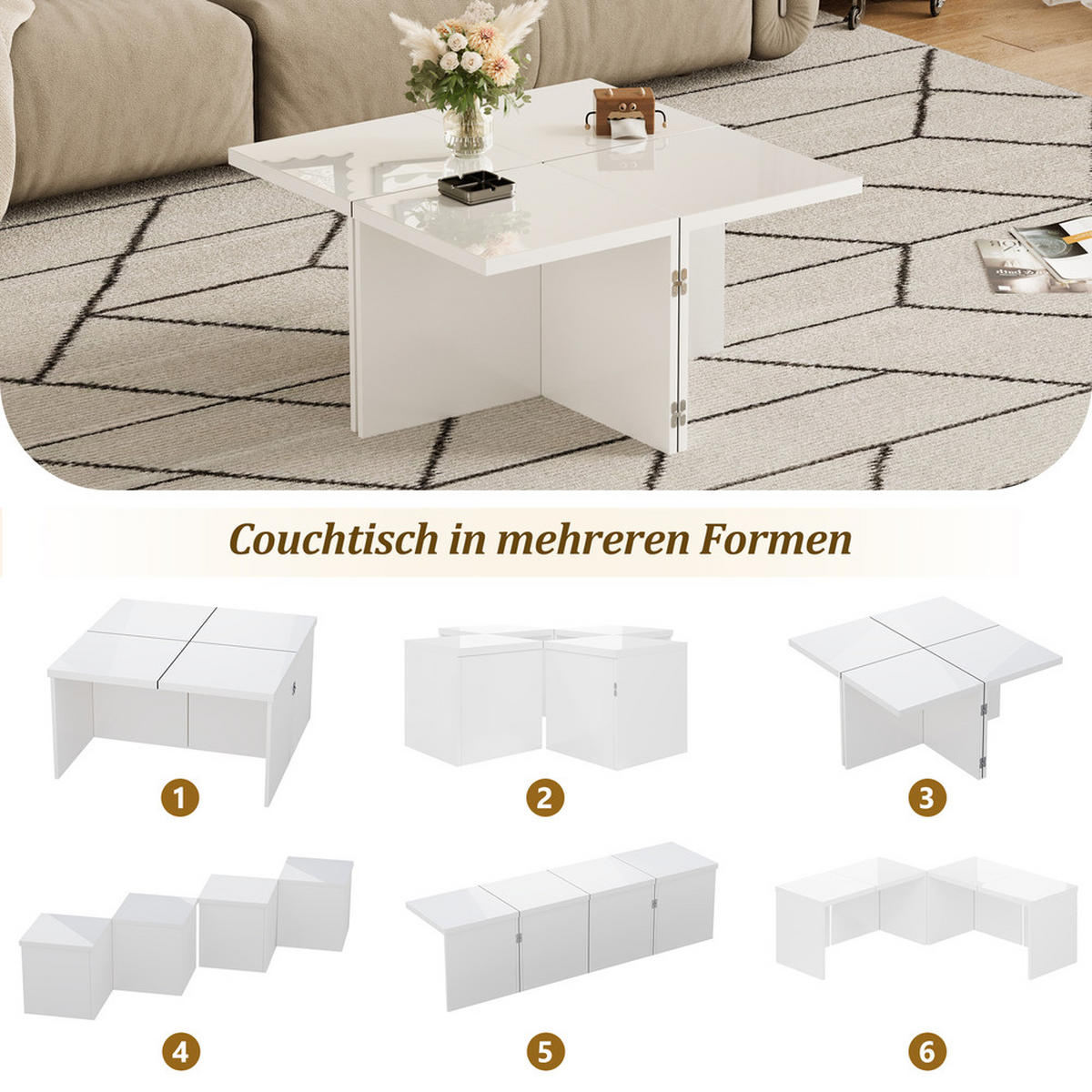 COUCHTISCH DIY Hochglanz Freie Kombination Modern Individuell - Weiß, Holz (53.01/49.53/32cm) - FLIEKS