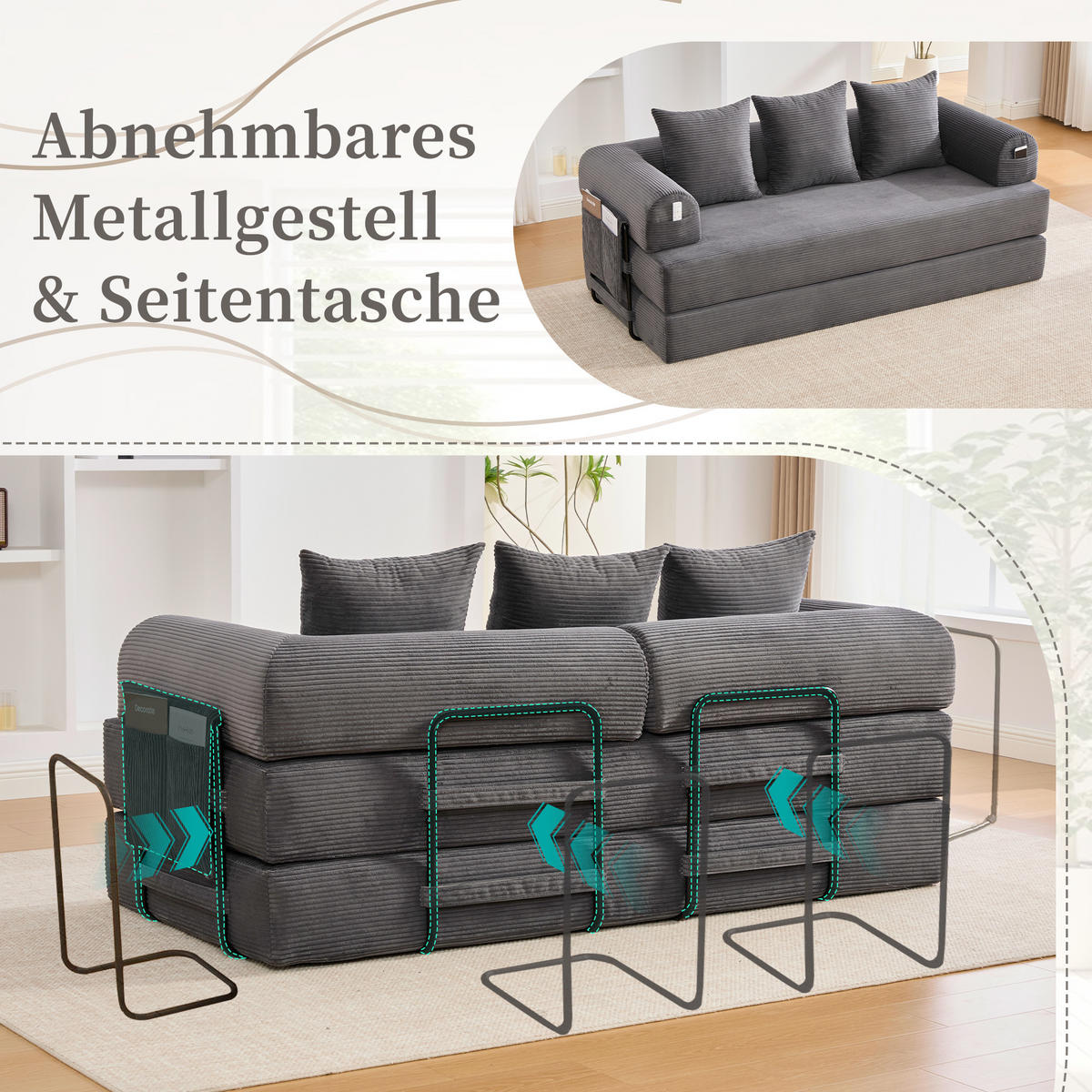 SCHLAFSOFA 200/94/67 cm Dunkelgrau mit Seitentaschen plus und 3 Kissen - Dunkelgrau, Textil (200/67/94cm) - Oxeza