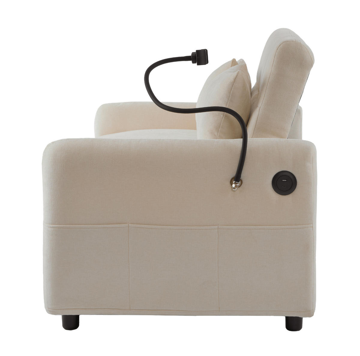 SCHLAFSOFA aus Chenille 129x76x81 cm Beige mit Schlaffunktion, USB-Anschluss, verstellbarer Rückenlehne und Seitentaschen - Beige, Textil (76/81/129cm) - Modfu