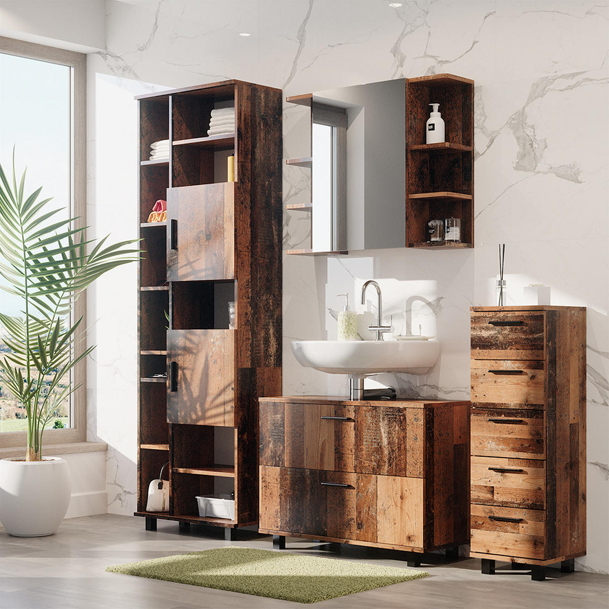 BADMÖBEL-SET Ilias Eiche rustikal 4 Teile, mit Hochschrank - Wildeiche, Holzwerkstoff (80.2/60.8/33cm) - Vicco
