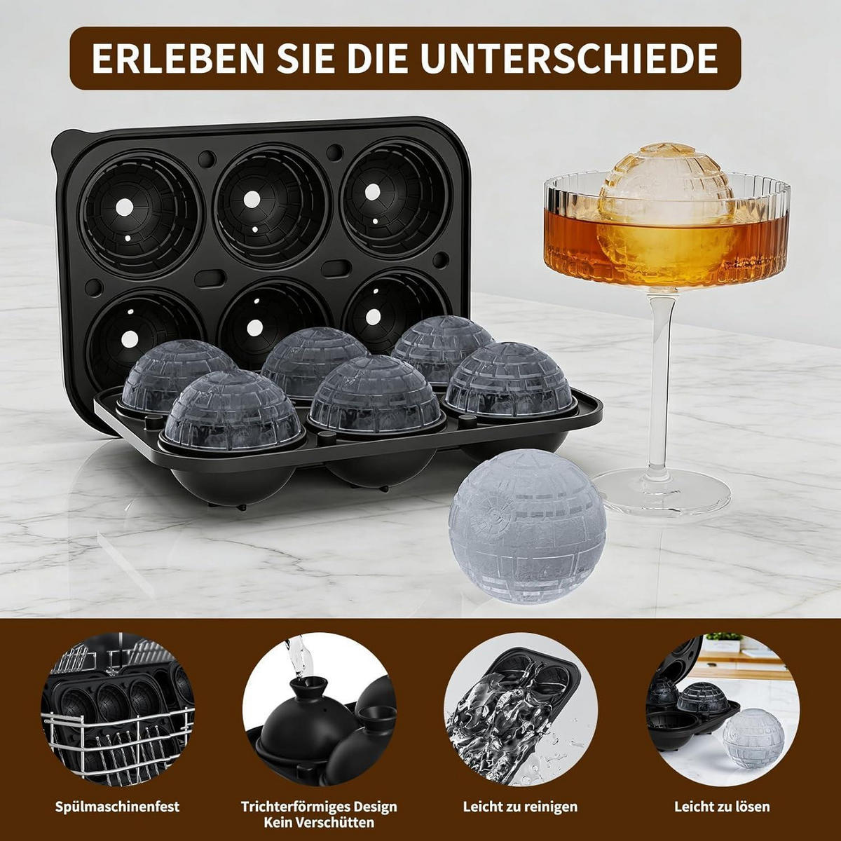 EISWÜRFELFORM Kugel Silikon mit Deckel, schwarz - Schwarz, Kunststoff (15.7/7.2/22.6cm)