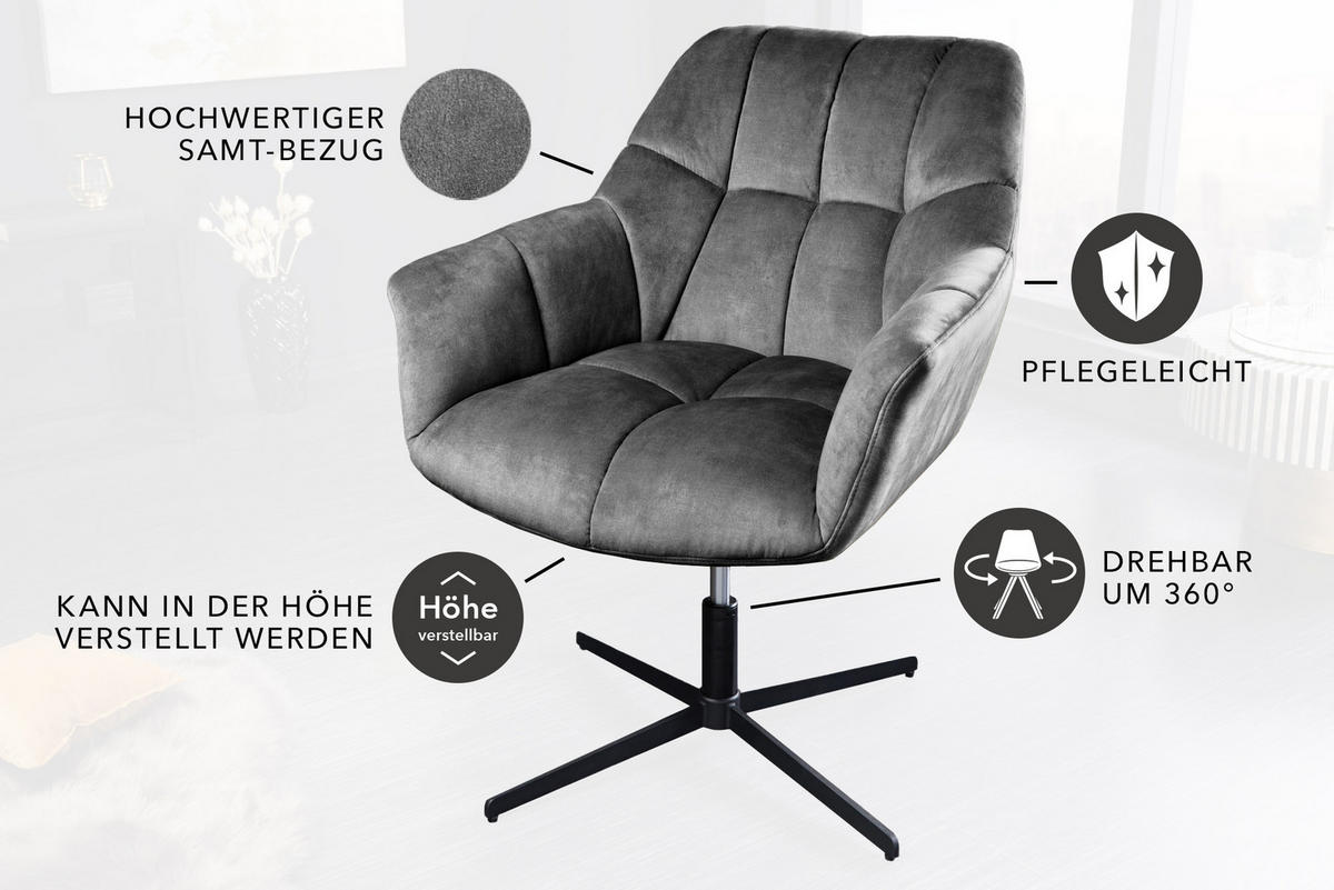 SESSEL PAPILLON Samt Grau 90 cm - Silberfarben/Schwarz, Textil/Metall (76/83/80cm) - riess-ambiente